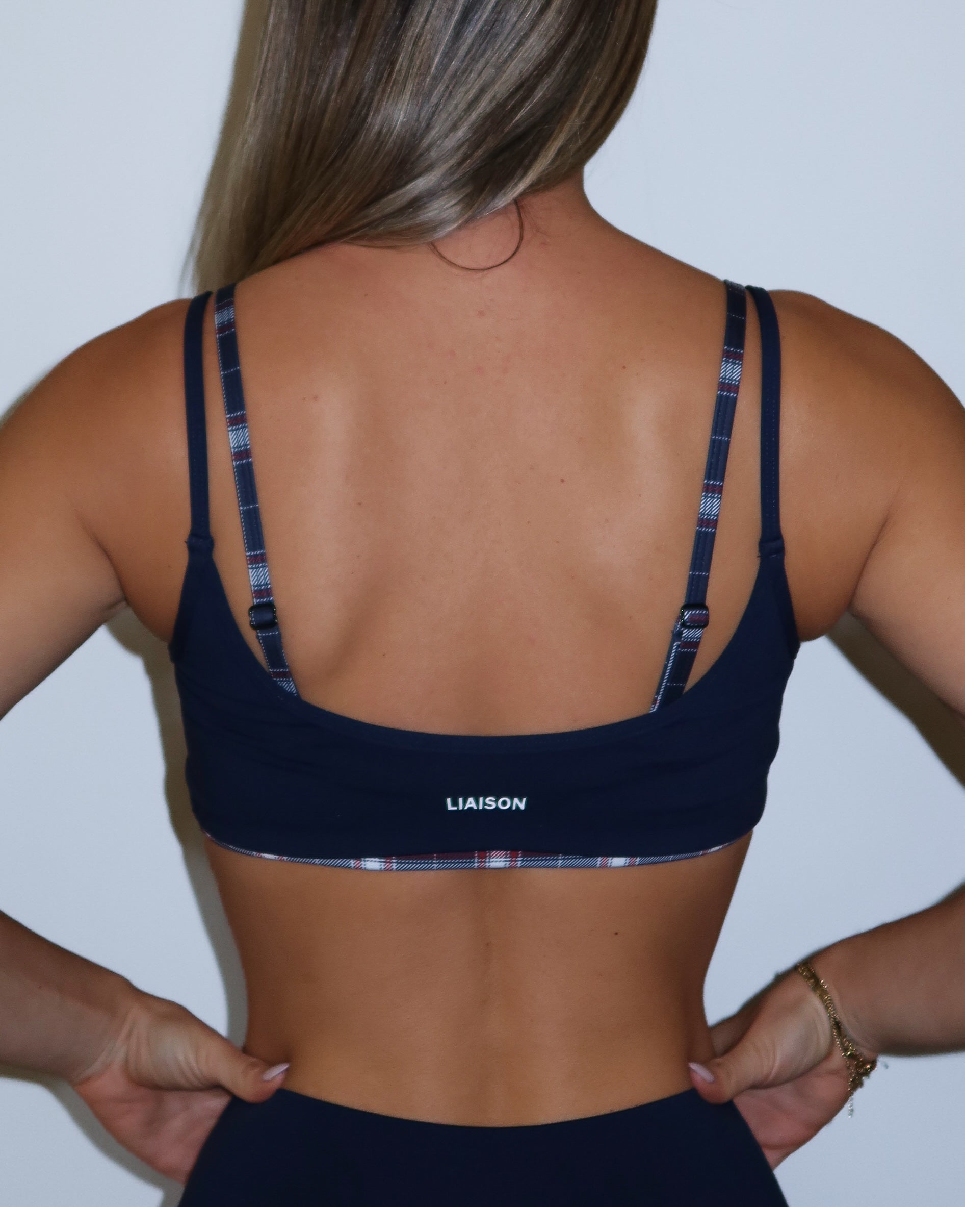 Double Layer Scoop Bra - Navy & Plaid