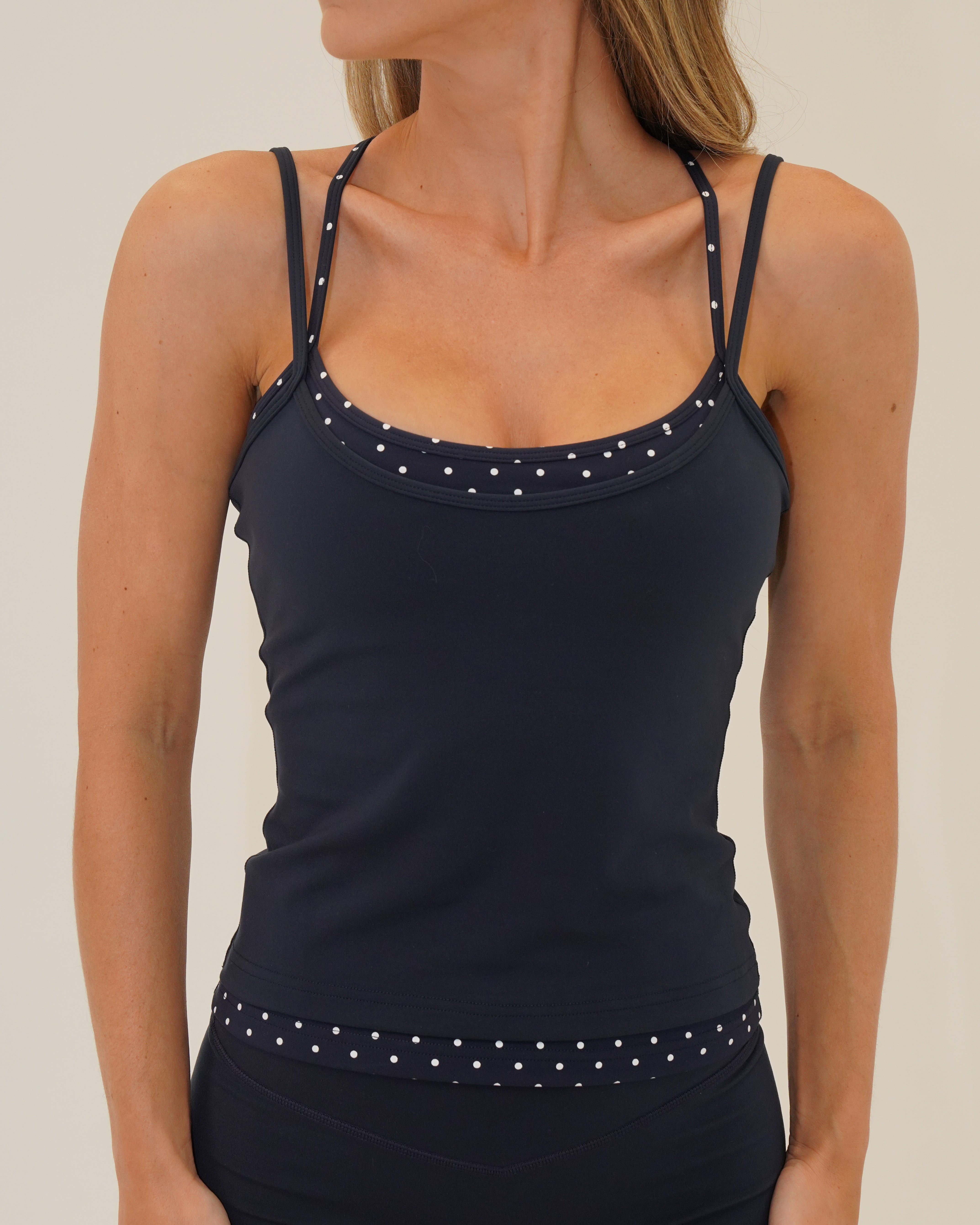 Double Layer Sporty Tank - Cypress & White Polka Dots