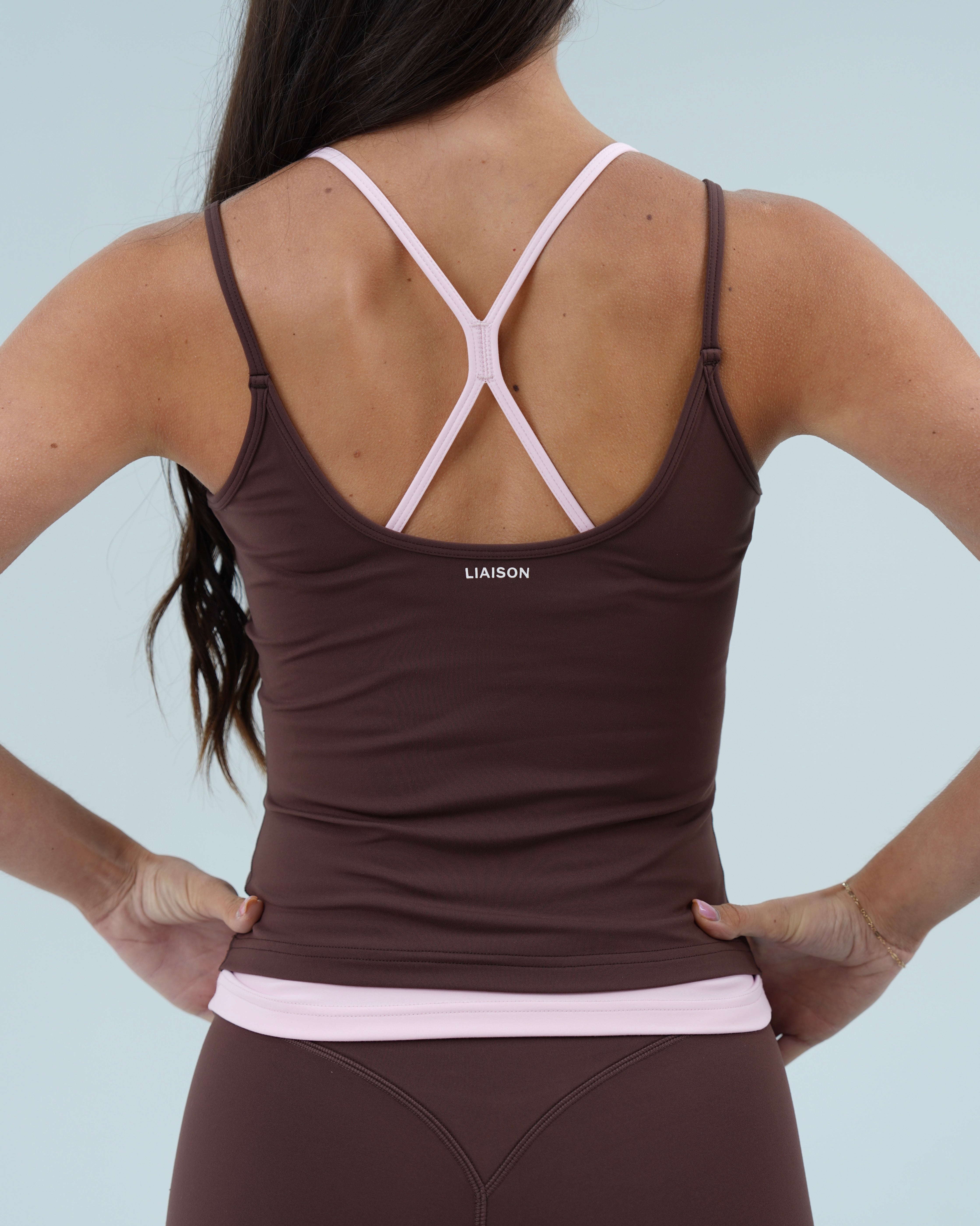 Double Layer Sporty Tank - Mocha Brown & Soft Pink