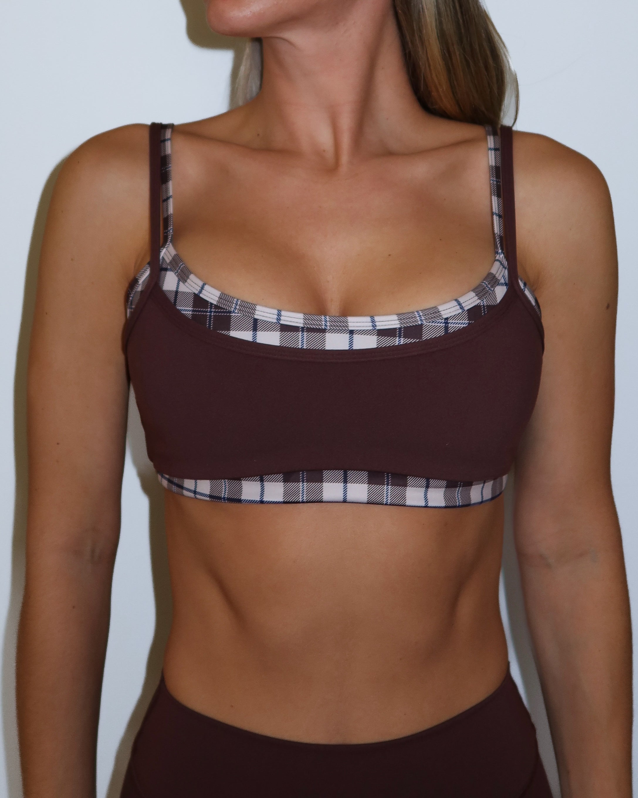 Double Layer Scoop Bra - Mocha Brown & Plaid