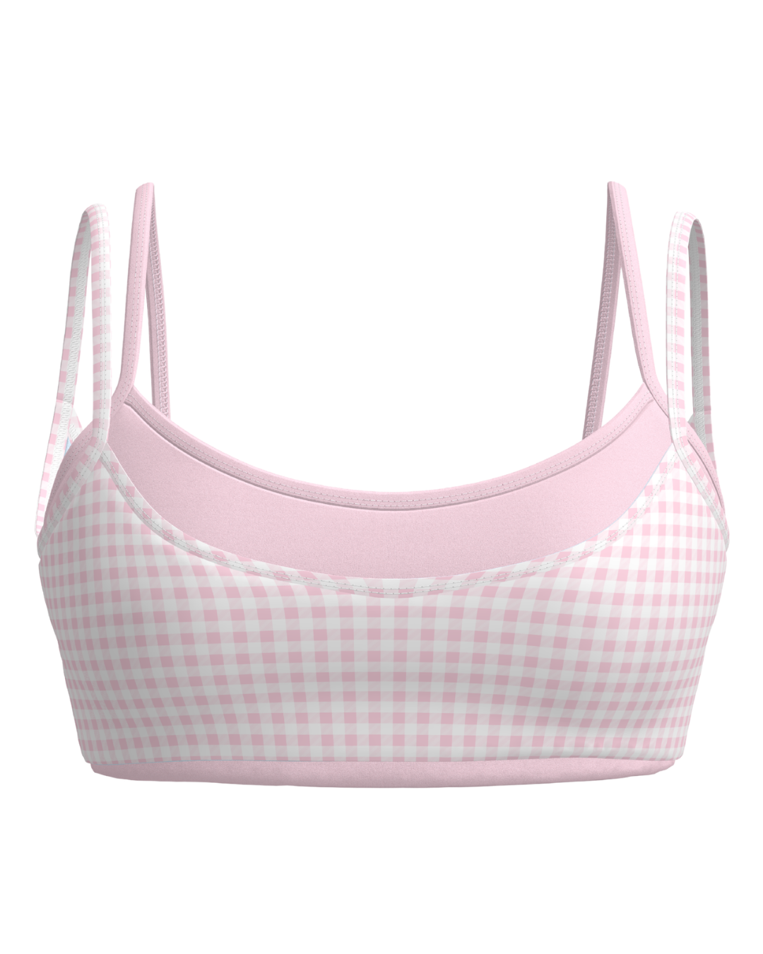front view of SCL double layer scoop bra in gingham & soft pink