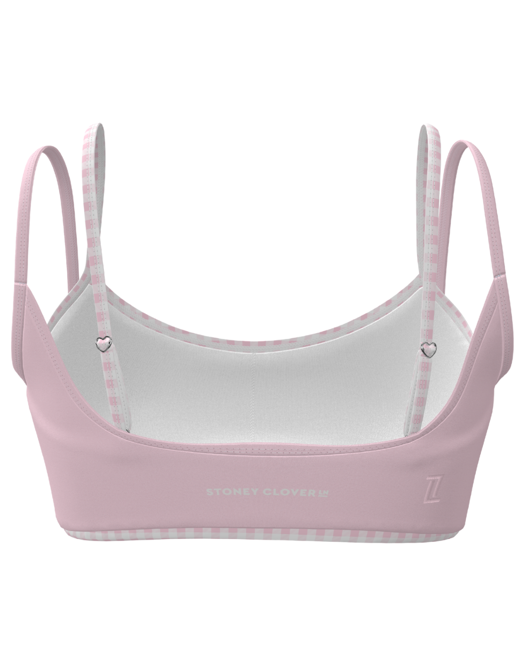 back view of SCL double layer scoop bra in soft pink & gingham