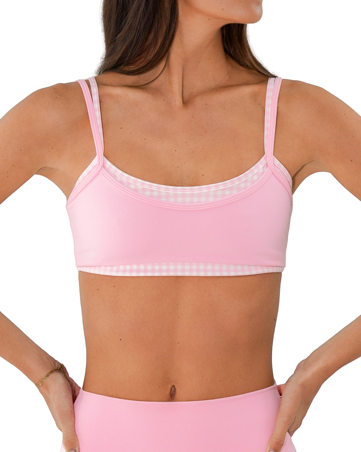 front view of SCL double layer scoop bra in soft pink & gingham