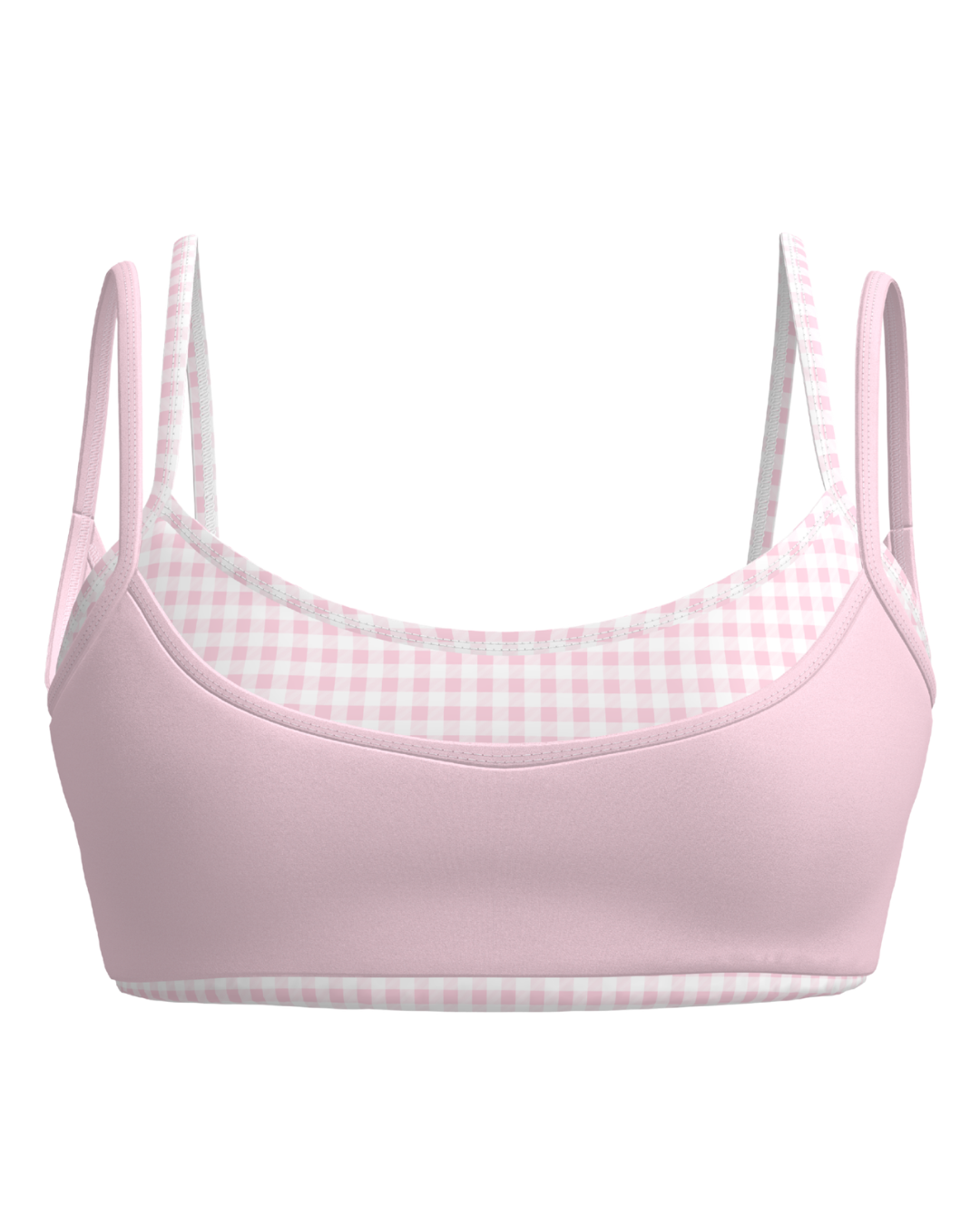 front view of SCL double layer scoop bra in soft pink & gingham
