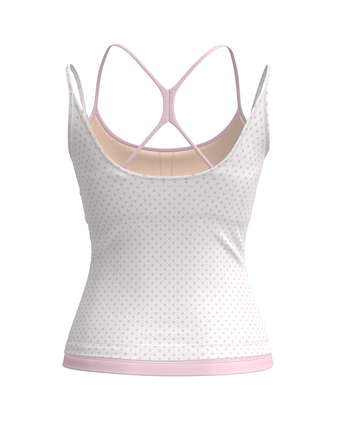 back view of SCL double layer sporty tank in polka dots & soft pink