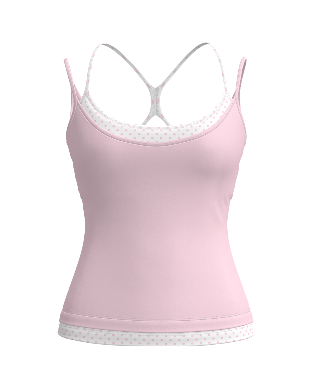 front view of SCL double layer sporty tank in soft pink & polka dots