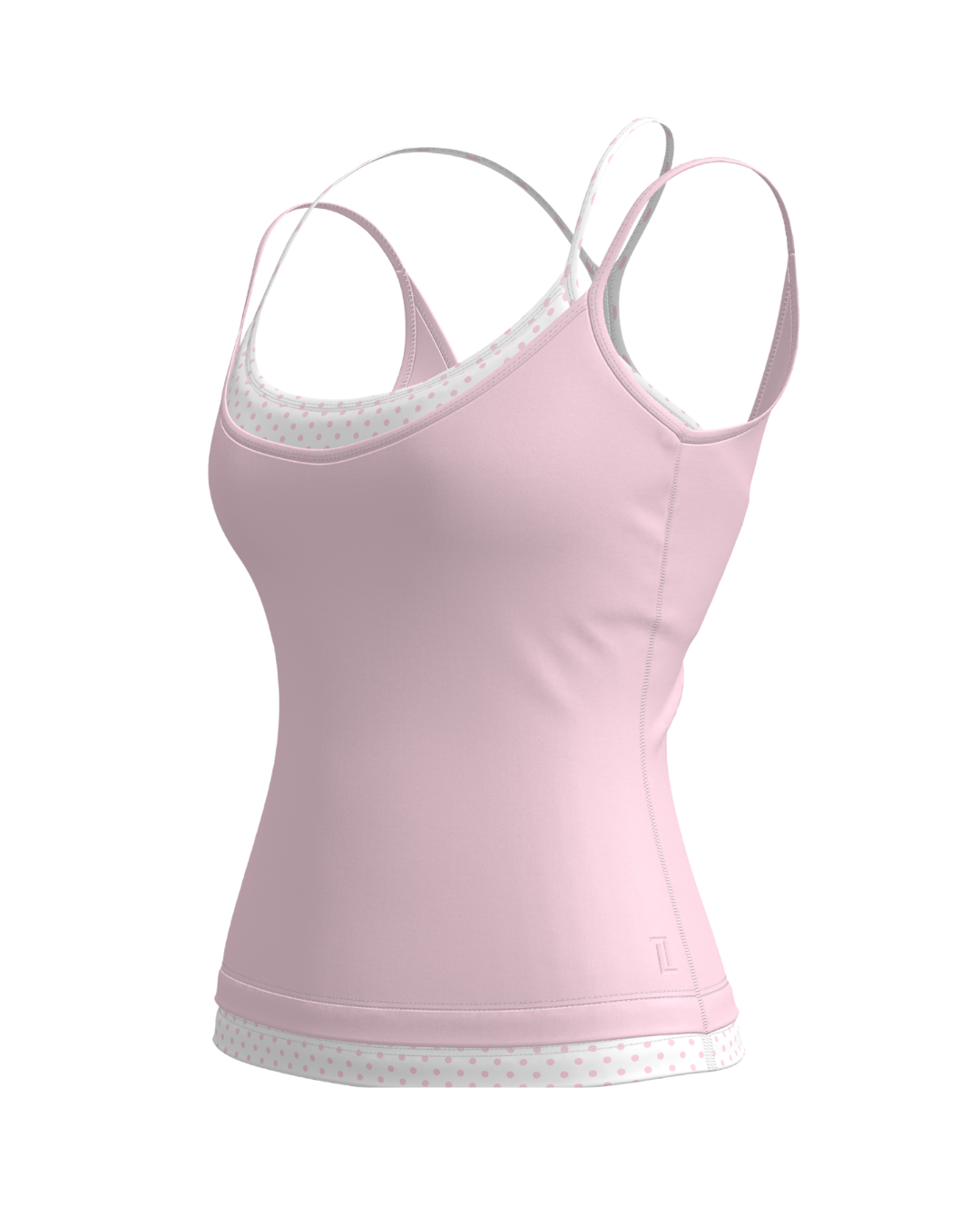 side view of SCL double layer sporty tank in soft pink & polka dots