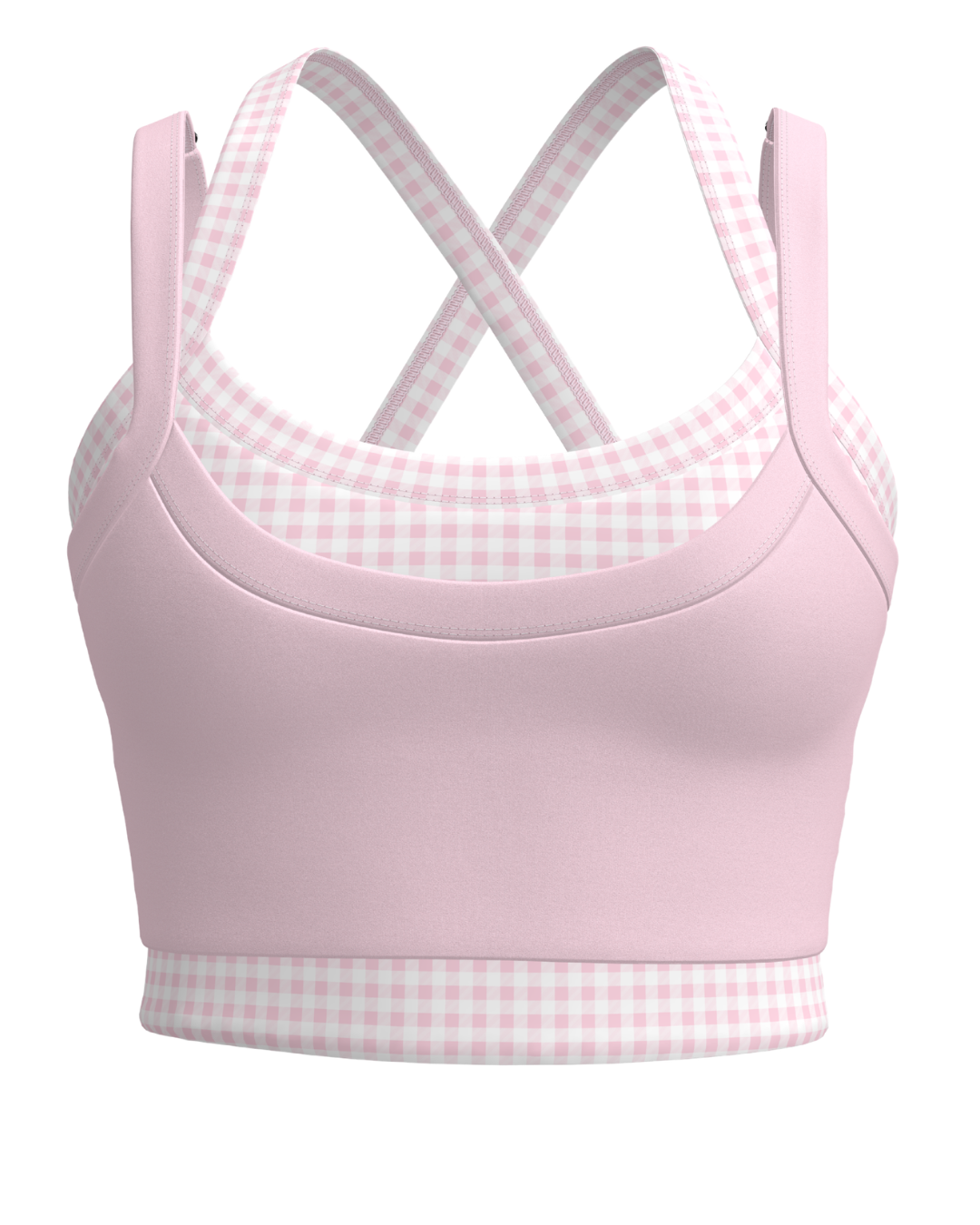 front view of SCL full scoop double layer bra in soft pink & gingham