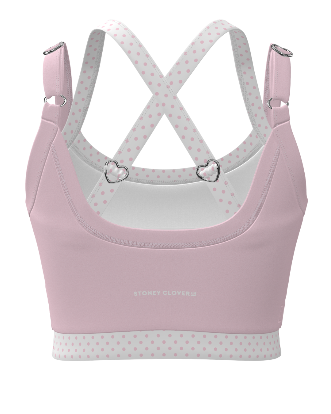 back view of SCL full scoop double layer bra in soft pink & polka dots