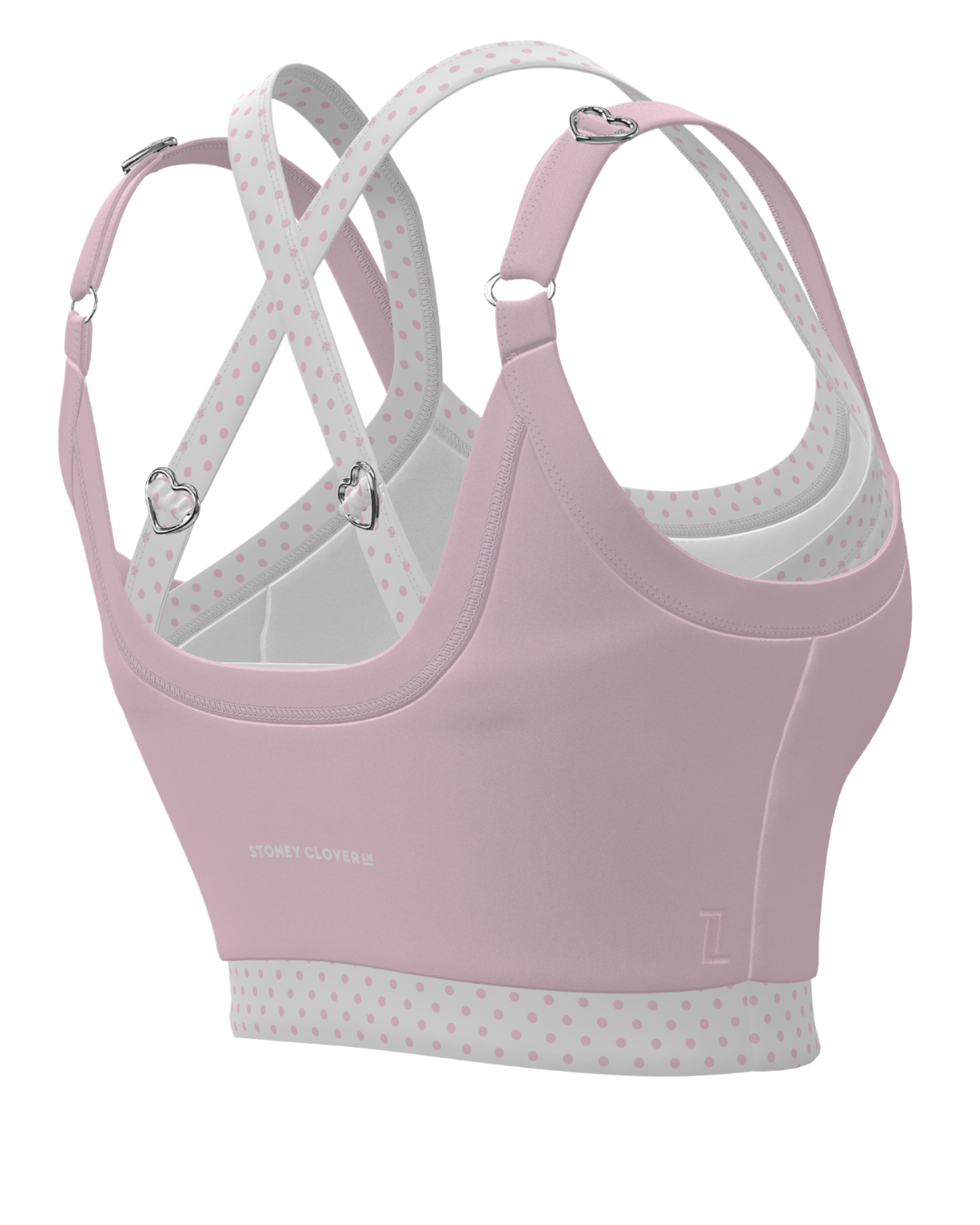 side view of SCL full scoop double layer bra in soft pink & polka dots