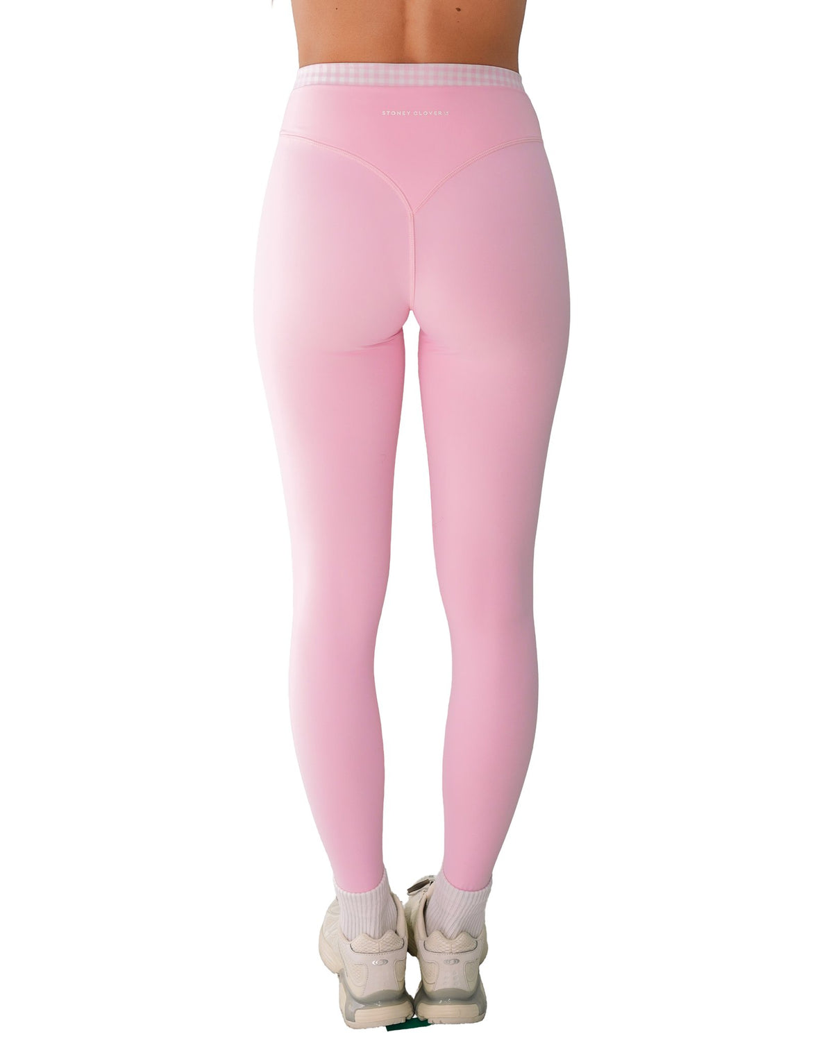 back view of SCL layered sculpt pant in soft pink & gingham