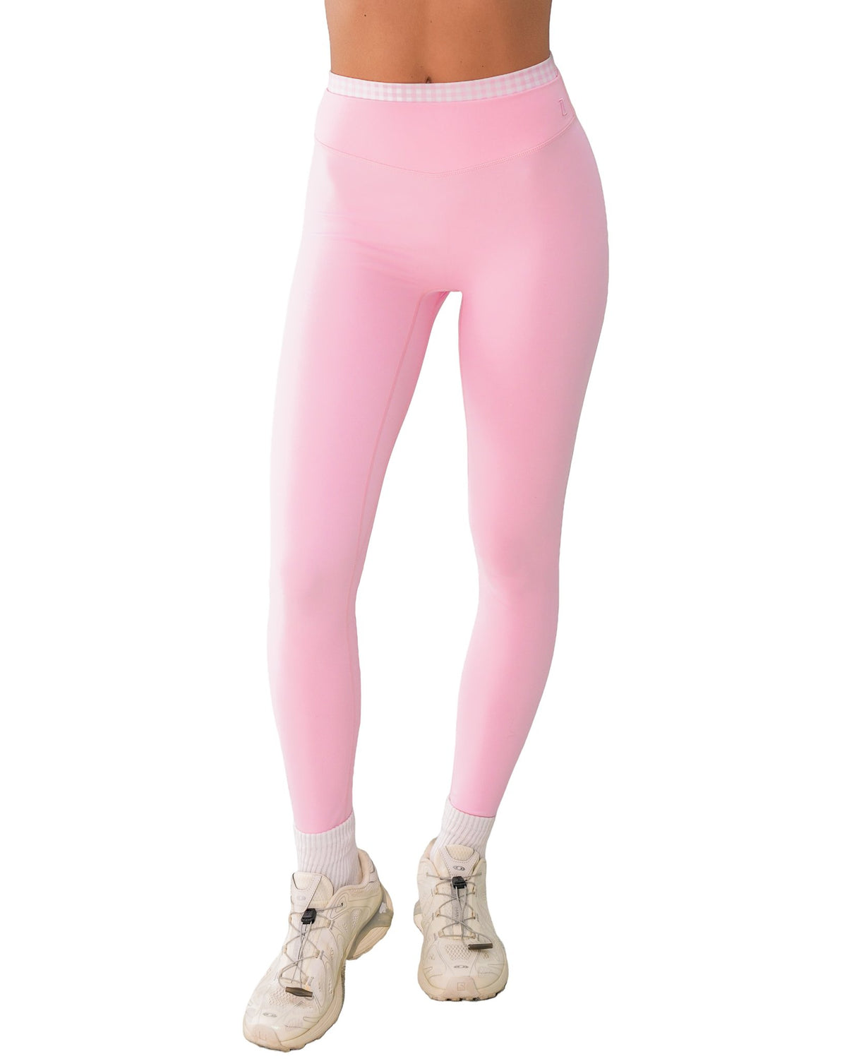front view of SCL layered sculpt pant in soft pink & gingham