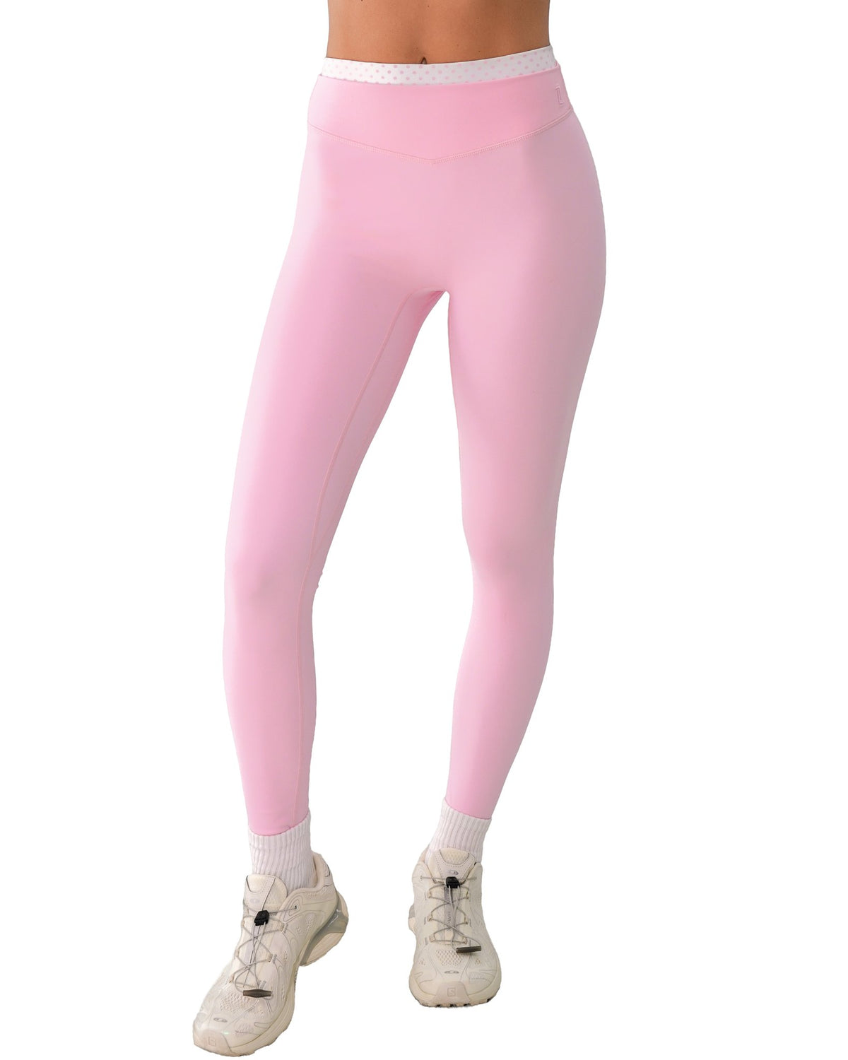 front view of SCL layered sculpt pant in soft pink & polka dots