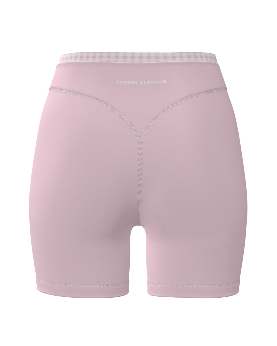 back view of SCL layered sculpt short in soft pink & gingham