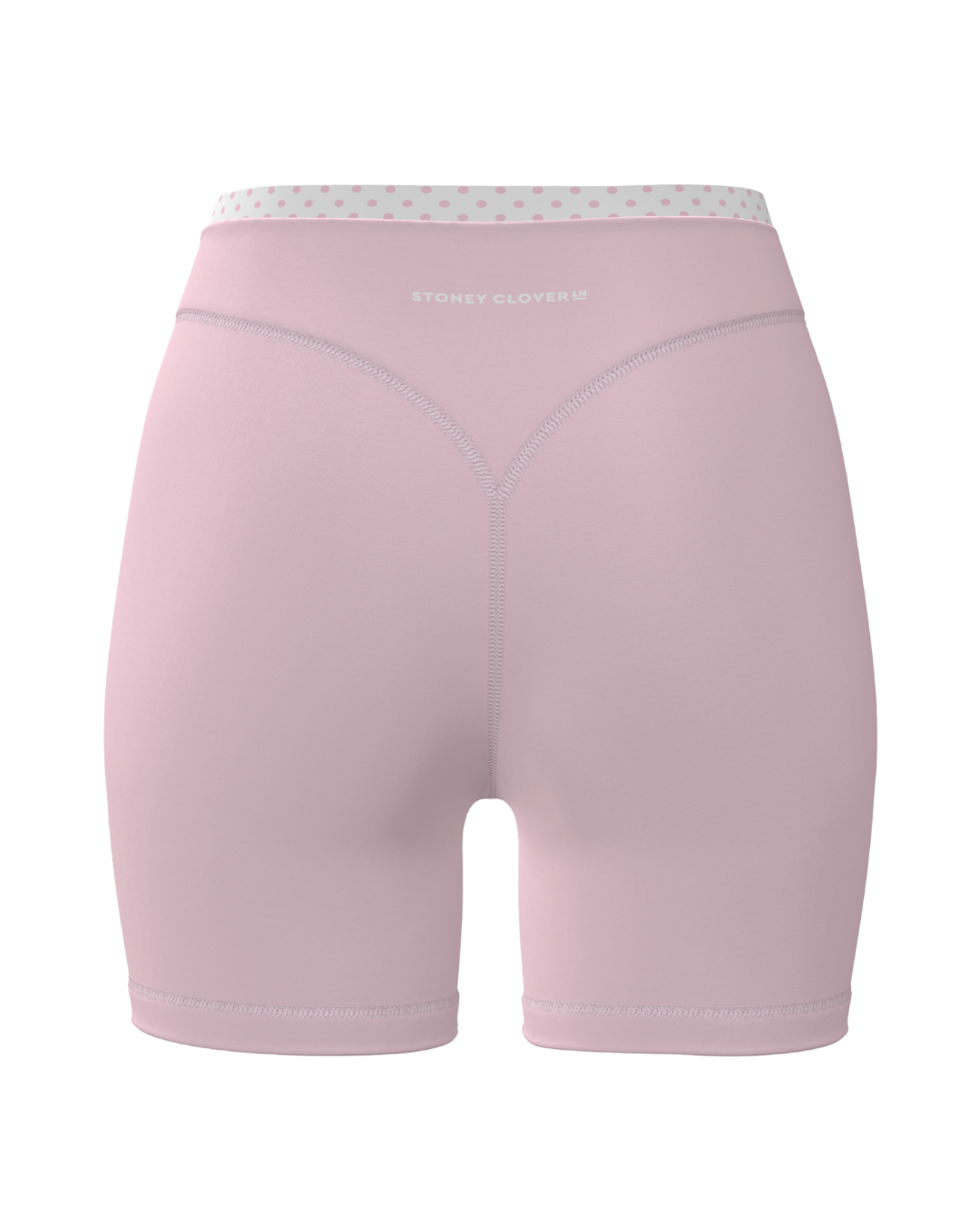 back view of SCL layered sculpt short in soft pink & polka dots