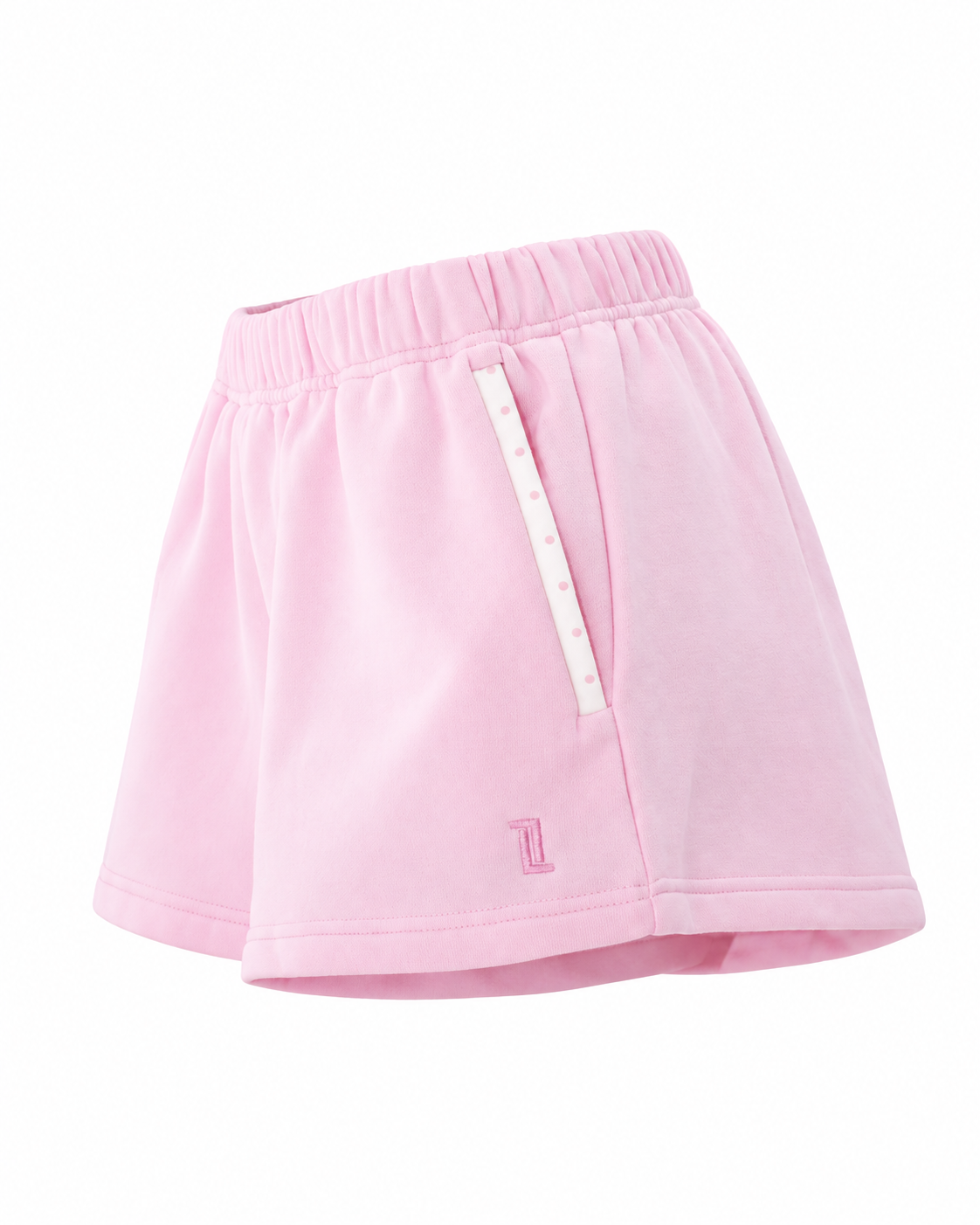 side view of the lounge short in soft pink and white polka dots