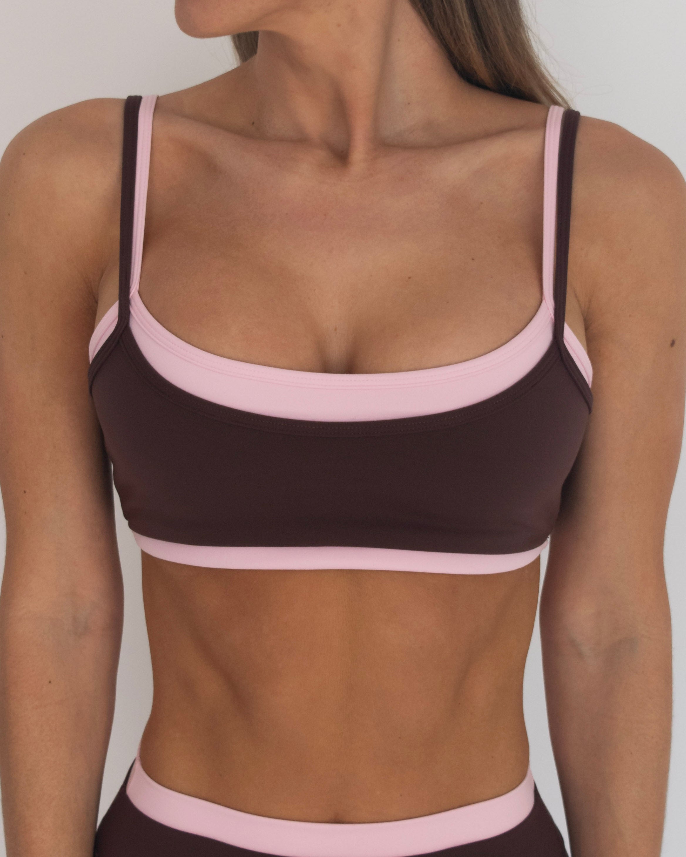 PRE-ORDER - Double Layer Scoop Bra - Mocha Brown & Soft Pink