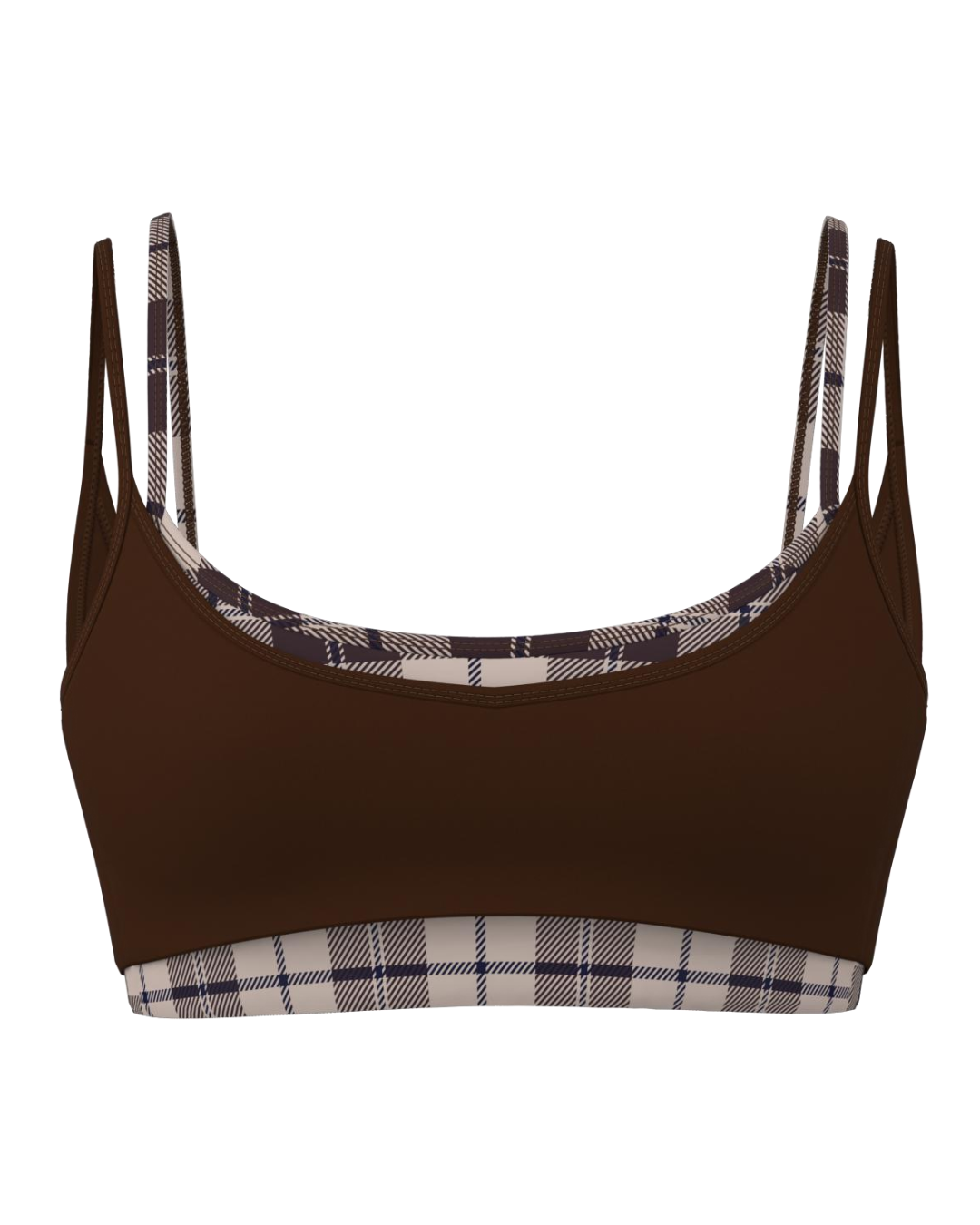 Double Layer Scoop Bra - Mocha Brown & Plaid