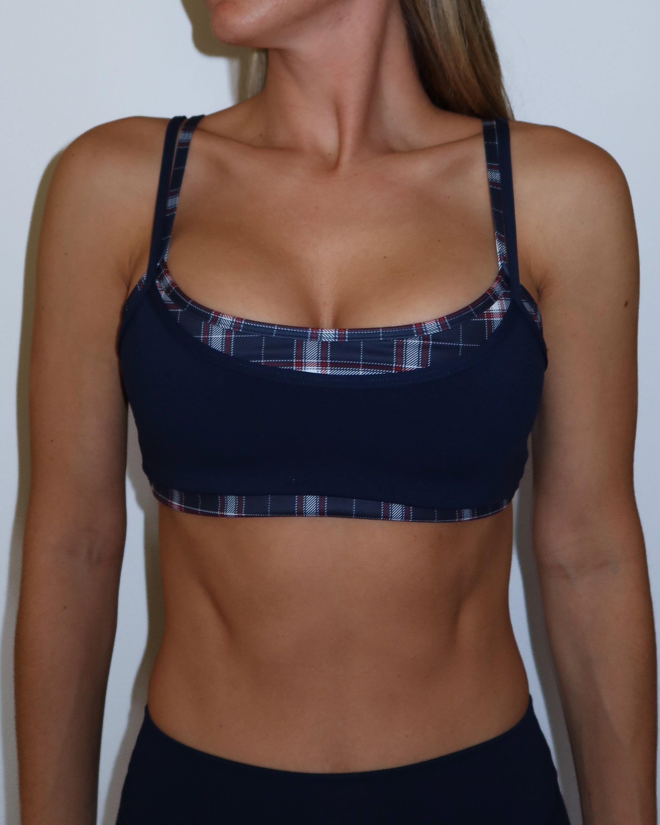 Double Layer Scoop Bra - Navy & Plaid