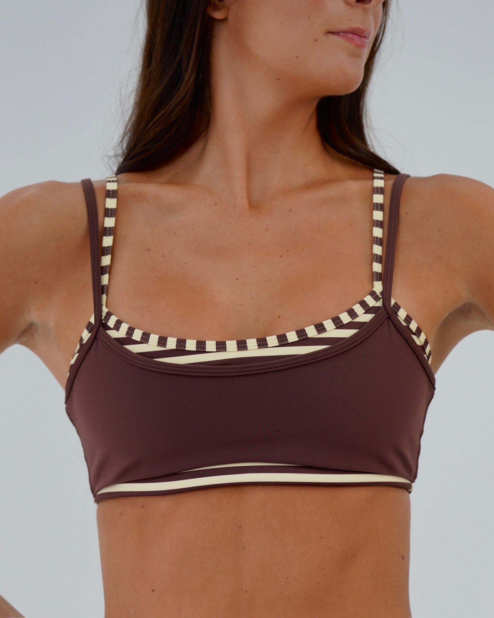 Double Layer Scoop Bra - Mocha Brown & Banana Stripes