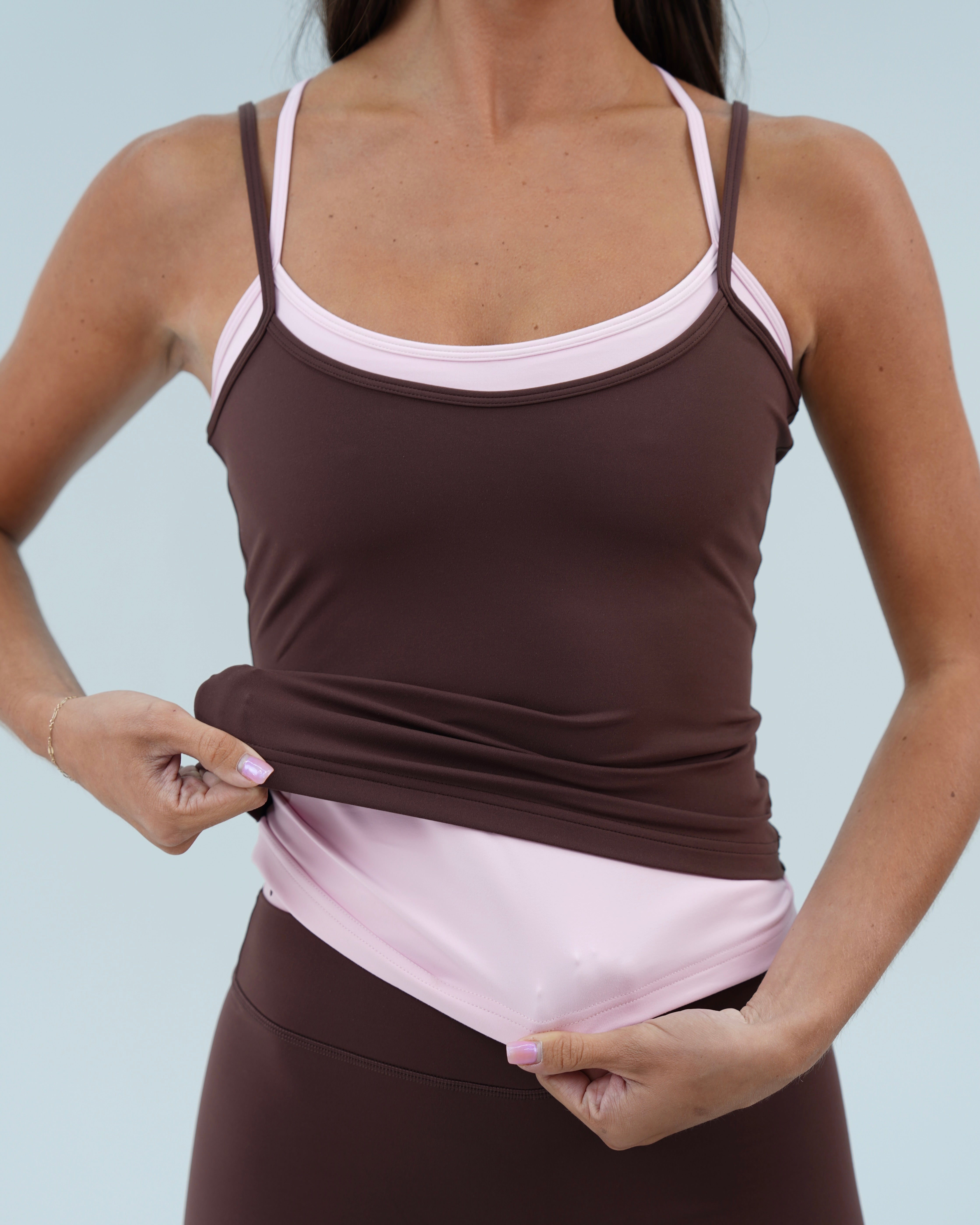 Double Layer Sporty Tank - Mocha Brown & Soft Pink