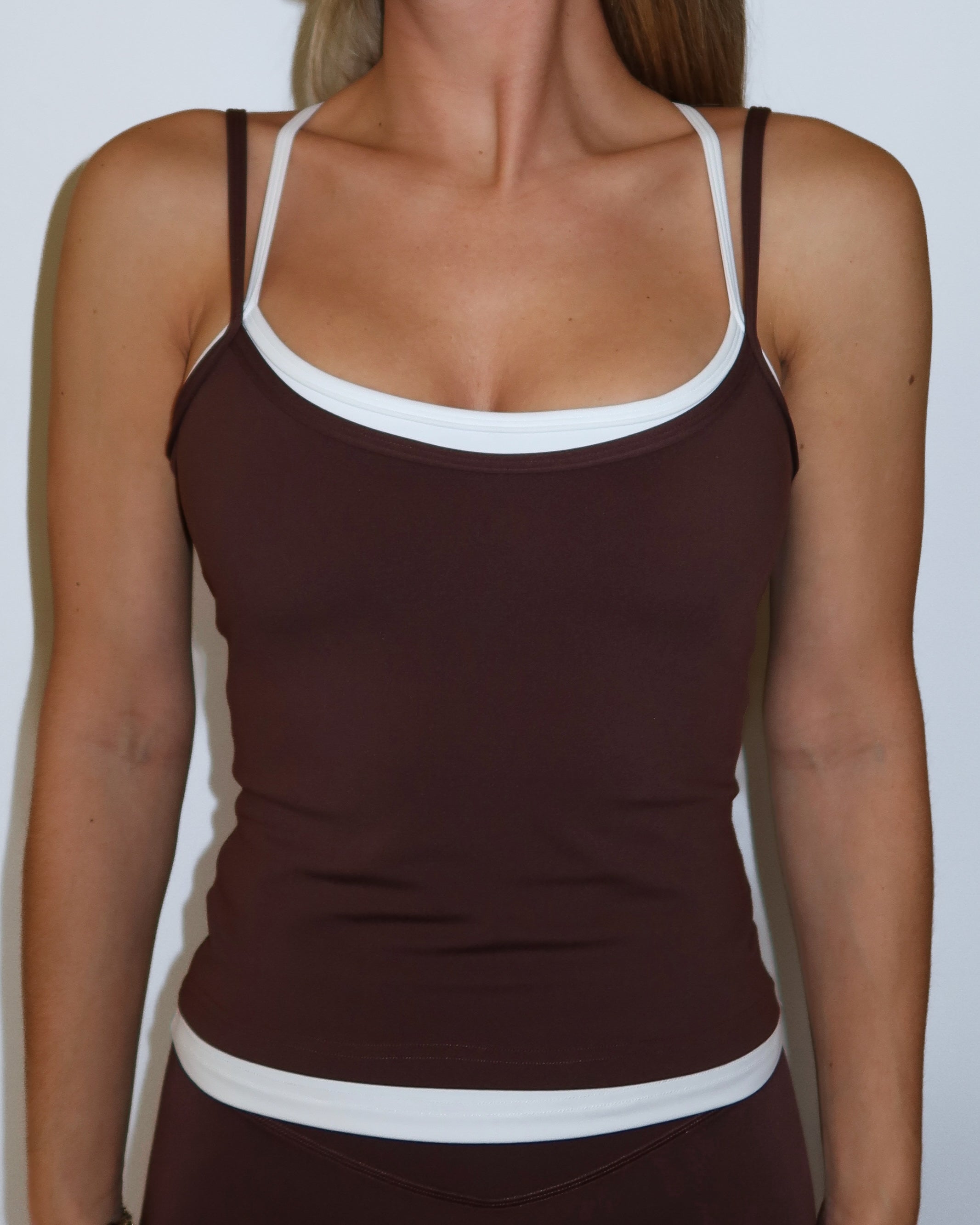 Double Layer Sporty Tank - Mocha Brown & White