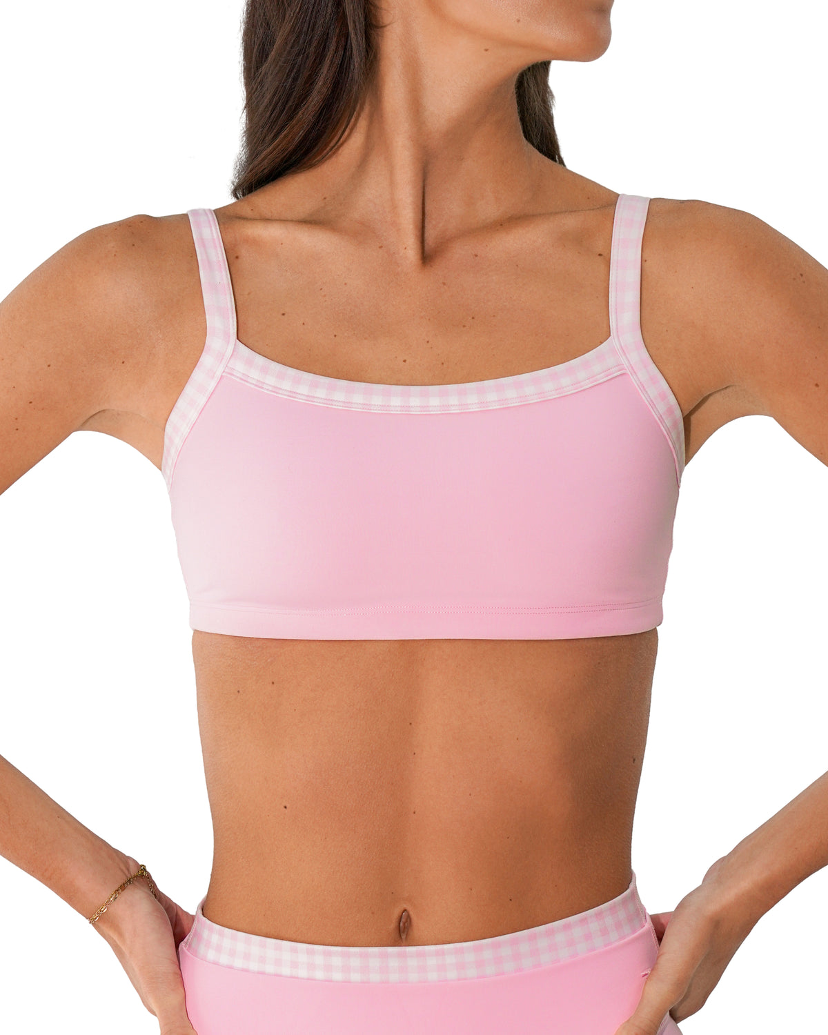 front view of SCL basic contrast bra in soft pink & gingham