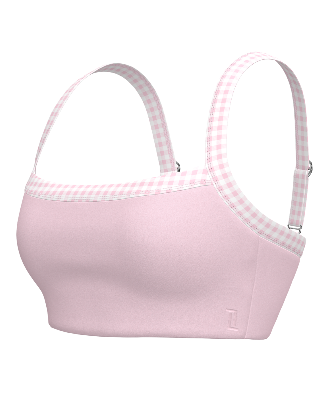 side view of SCL basic contrast bra in soft pink & gingham