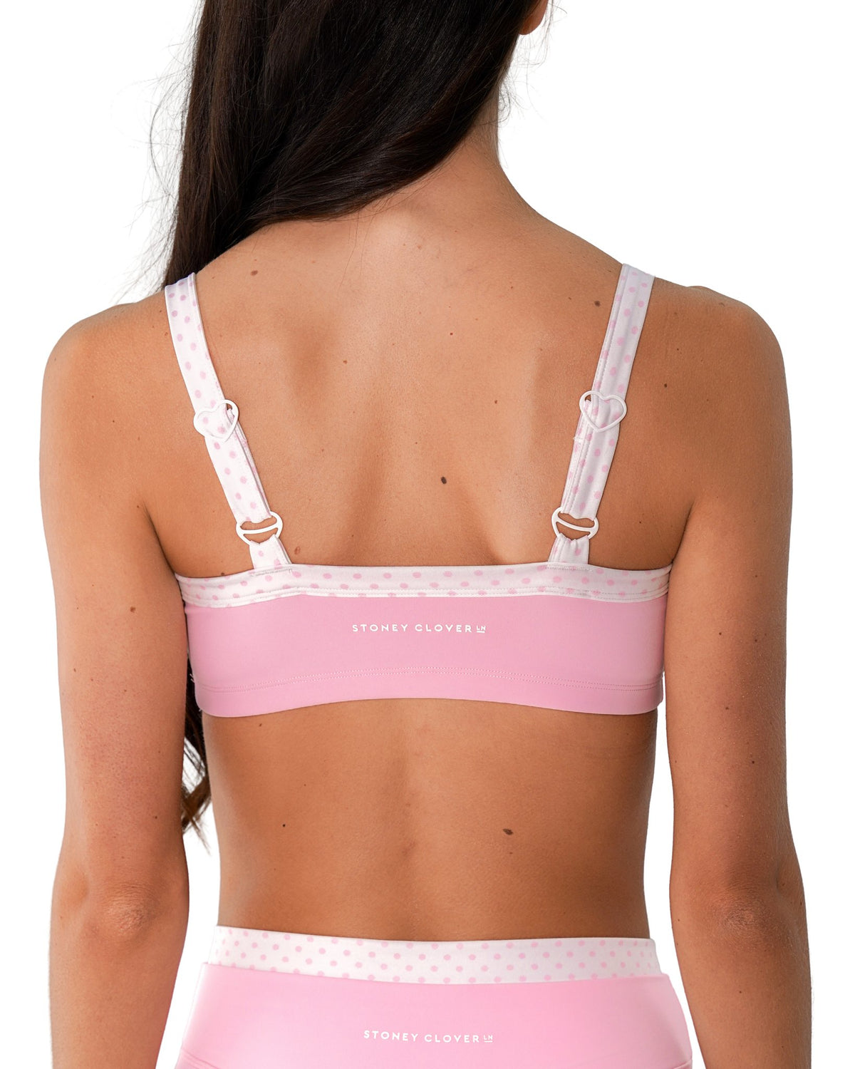 back view of SCL basic contrast bra in soft pink & polka dots