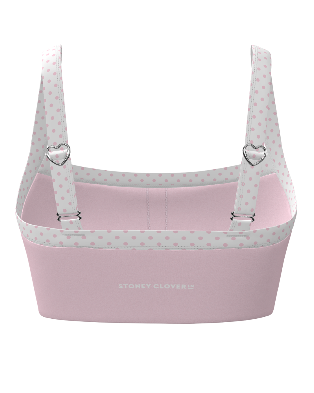 back view of SCL basic contrast bra in soft pink & polka dots