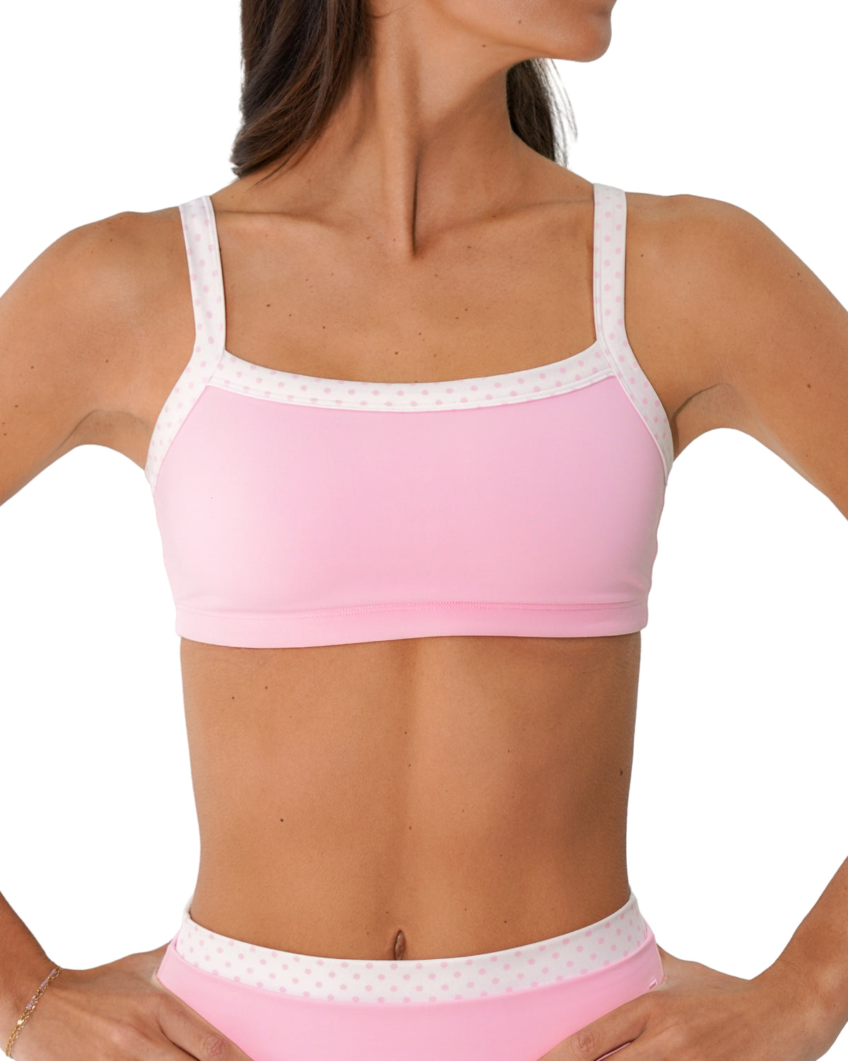 front view of SCL basic contrast bra in soft pink & polka dots