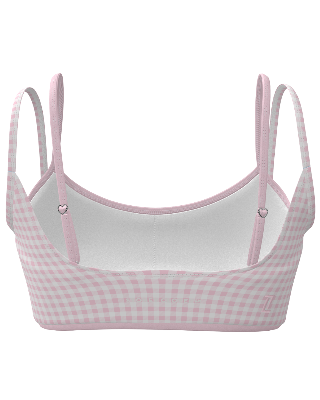 back view of SCL double layer scoop bra in gingham & soft pink