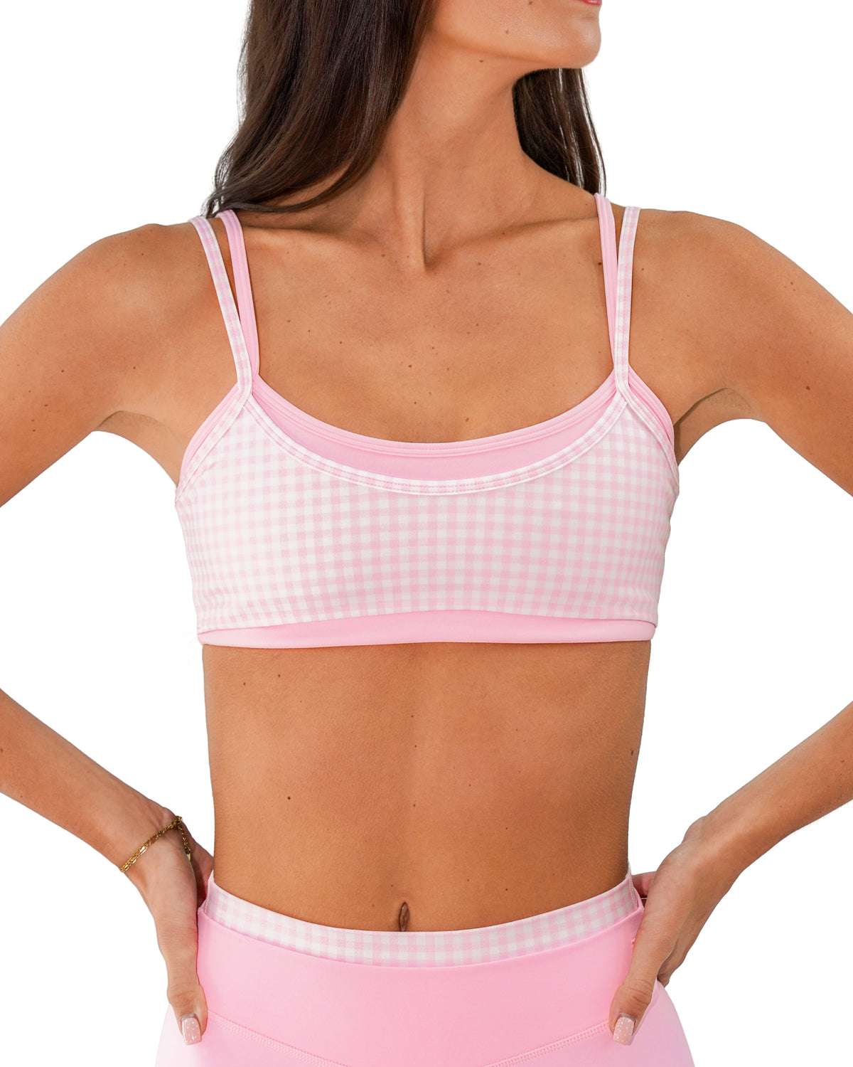 front view of SCL double layer scoop bra in gingham & soft pink
