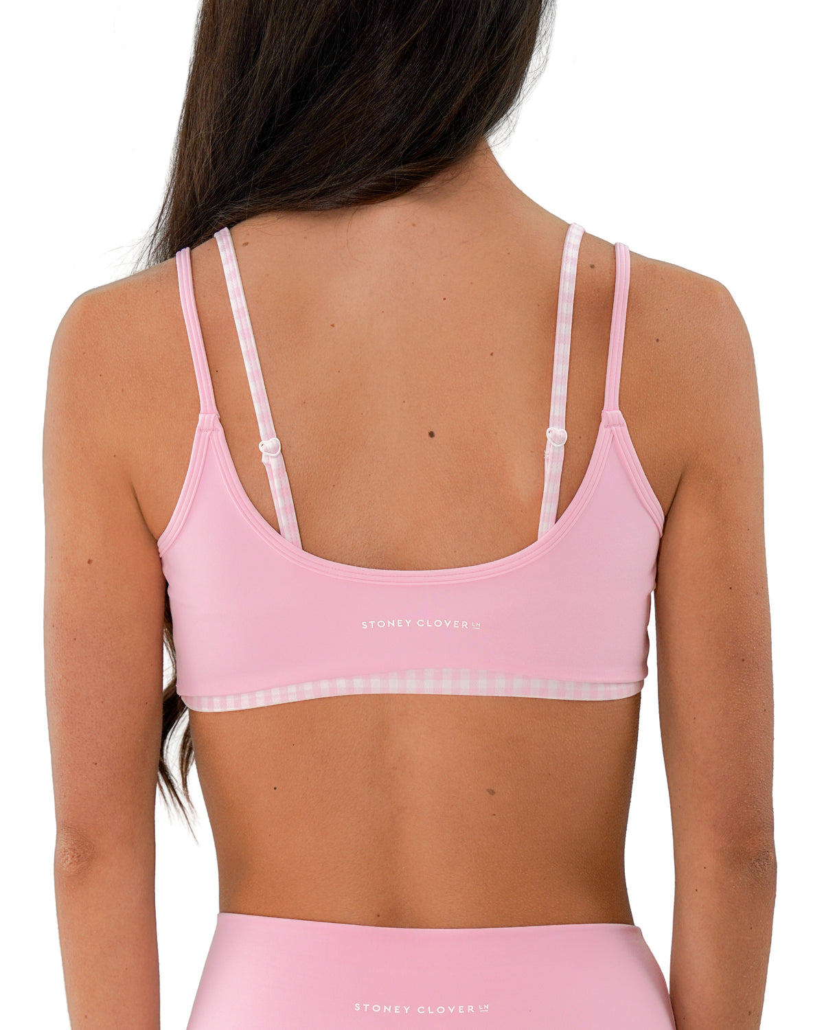 back view of SCL double layer scoop bra in soft pink & gingham 