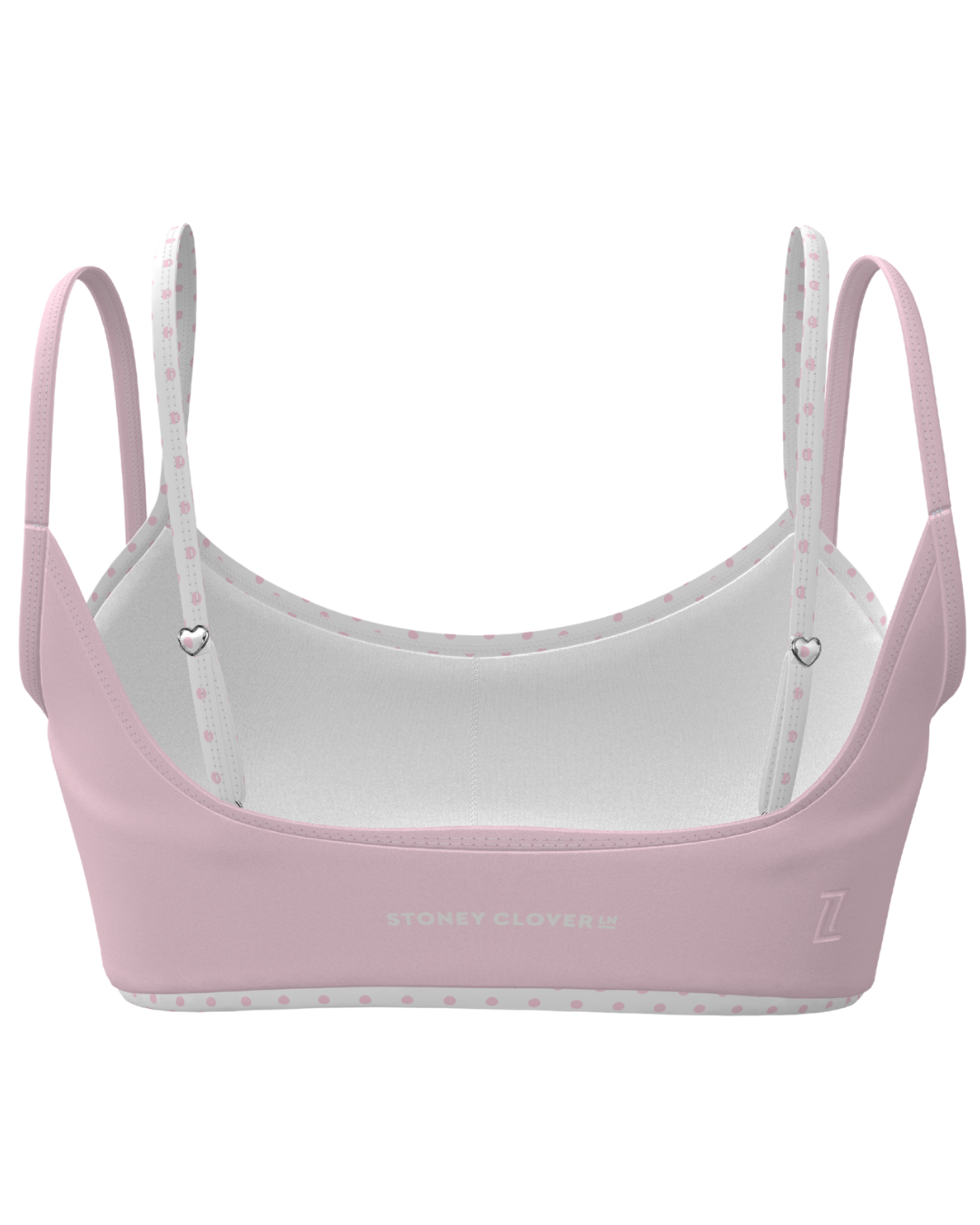 back view of SCL double layer scoop bra in soft pink & polka dots