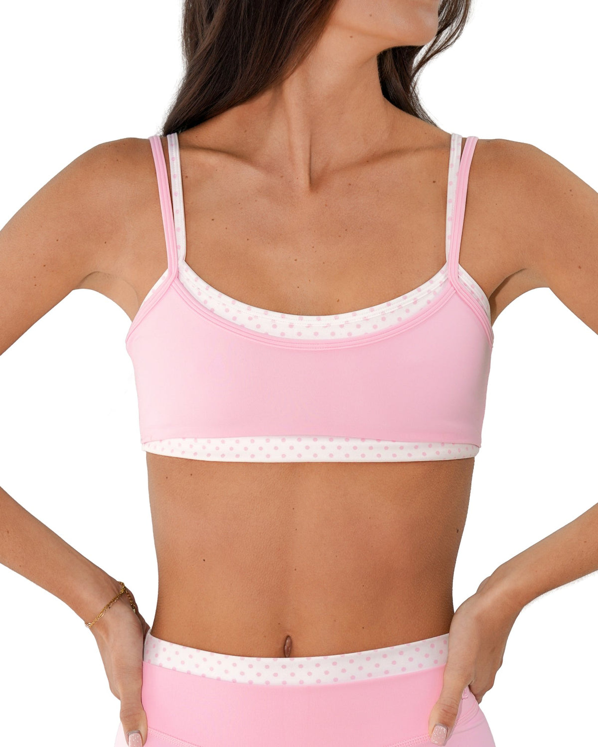 front view of SCL double layer scoop bra in soft pink & polka dots