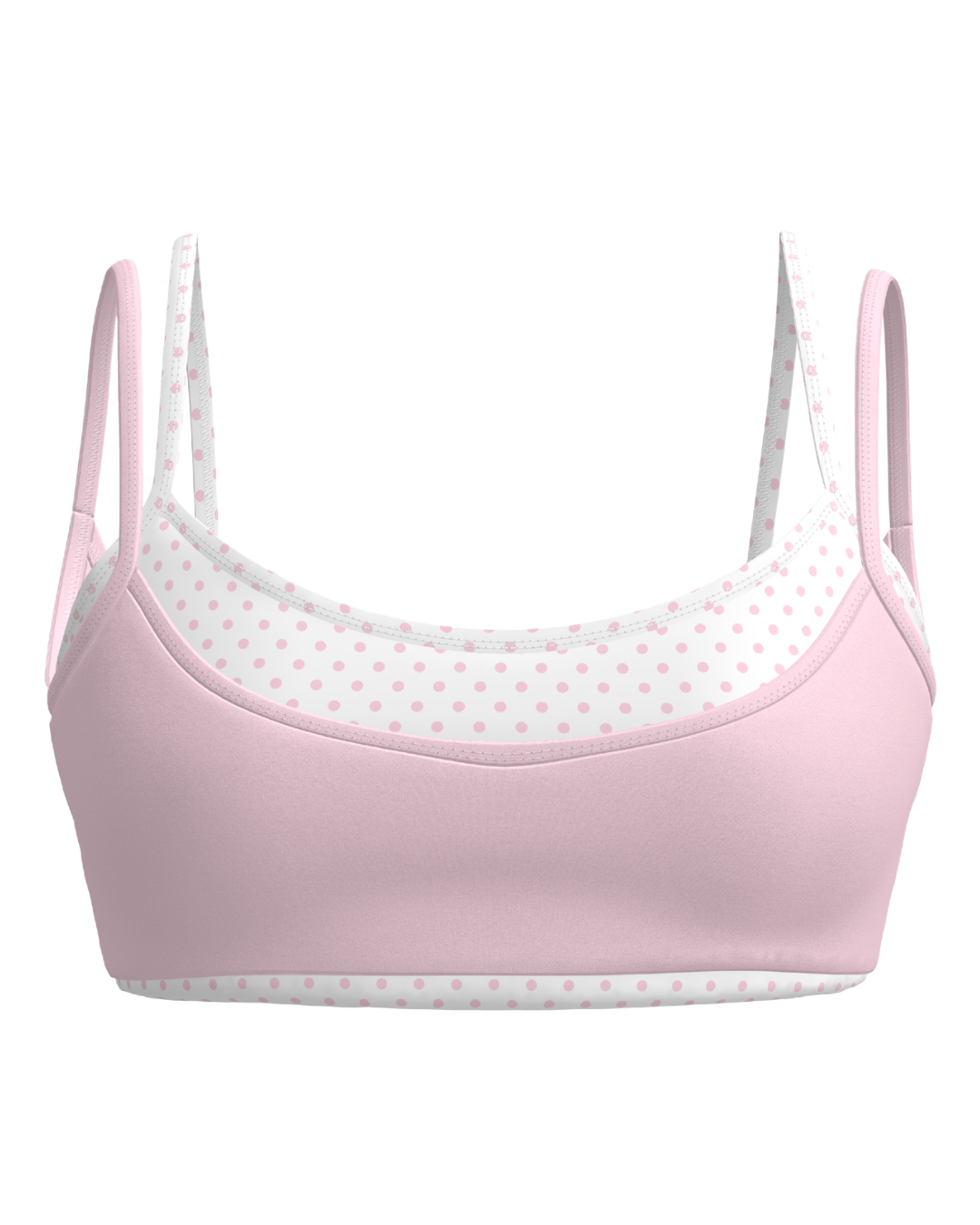 front view of SCL double layer scoop bra in soft pink & polka dots