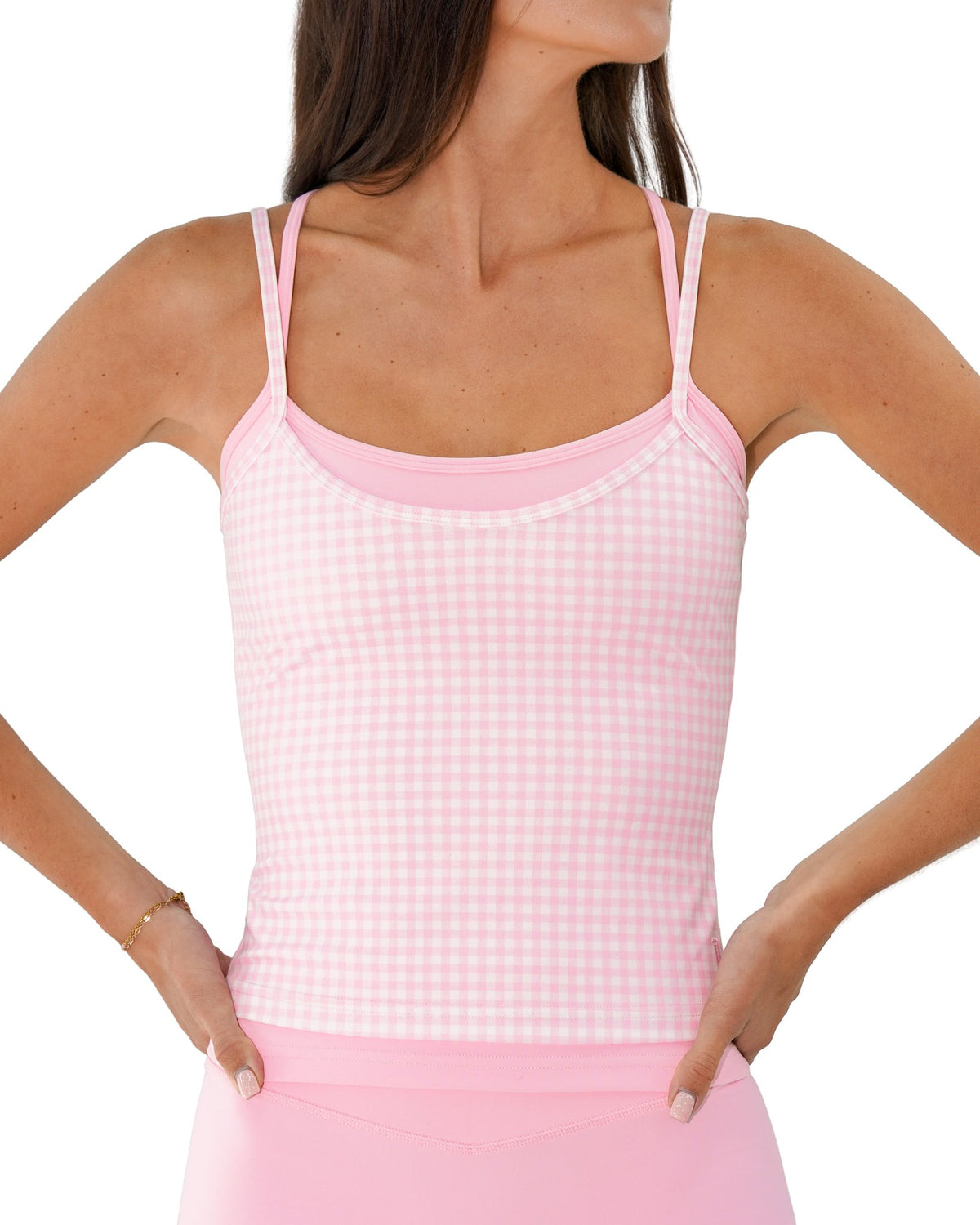 front view of SCL double layer sporty tank in gingham & soft pink