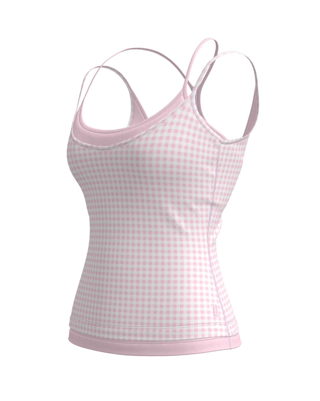 side view of SCL double layer sporty tank in gingham & soft pink