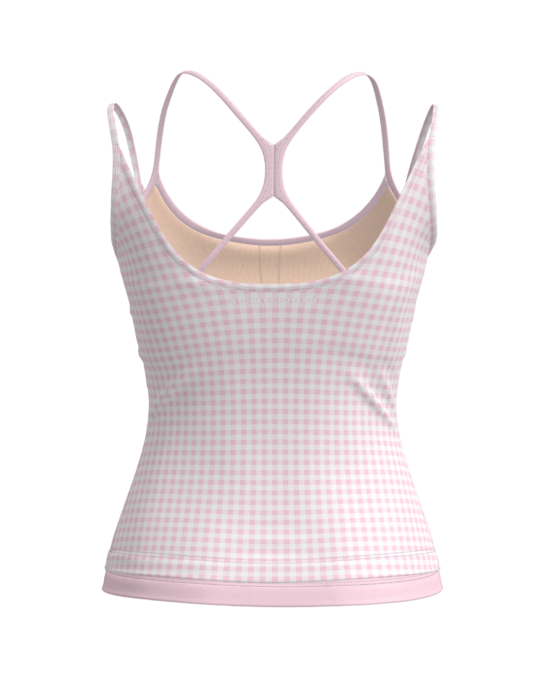 back view of SCL double layer sporty tank in gingham & soft pink