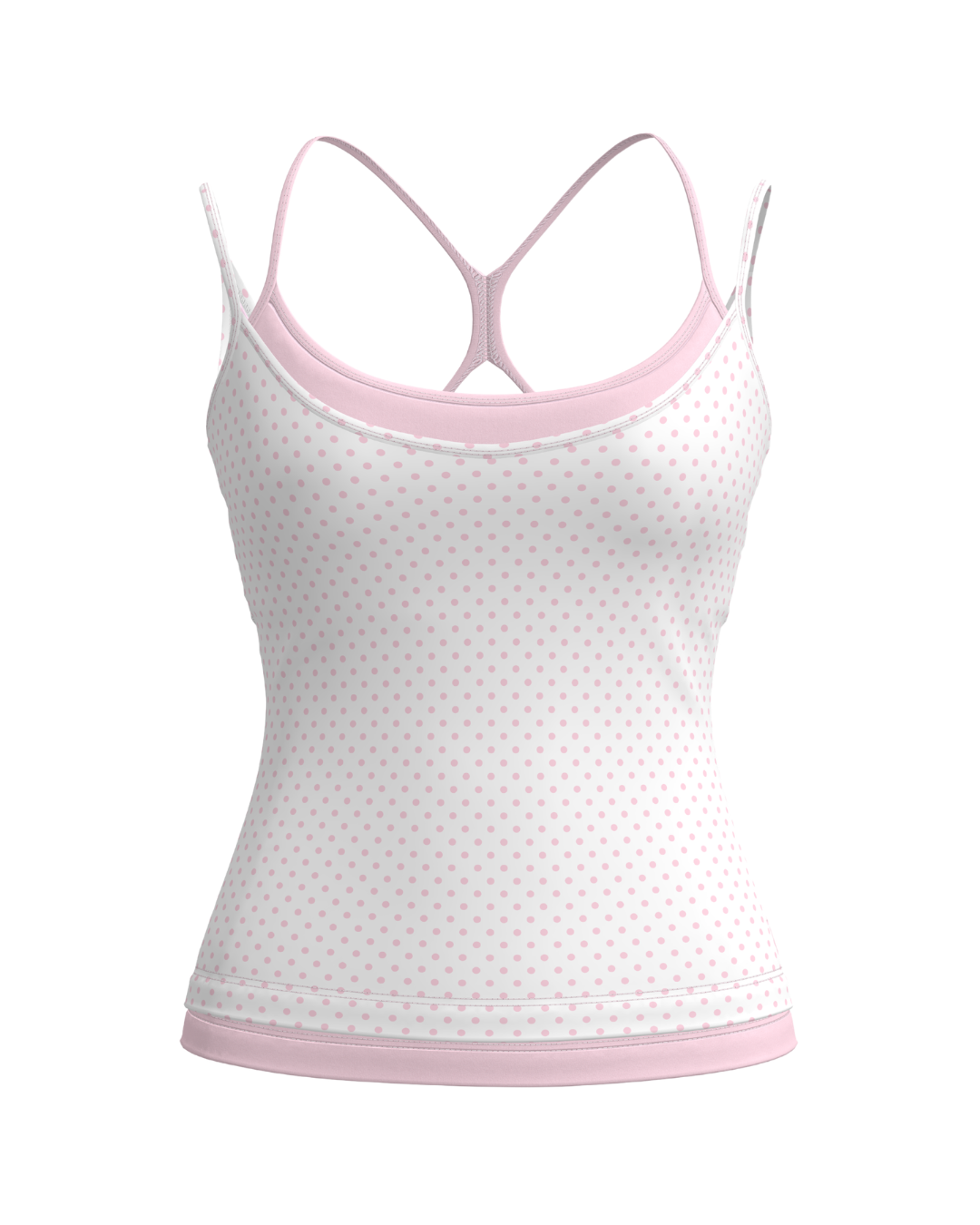 front view of SCL double layer sporty tank in polka dots & soft pink