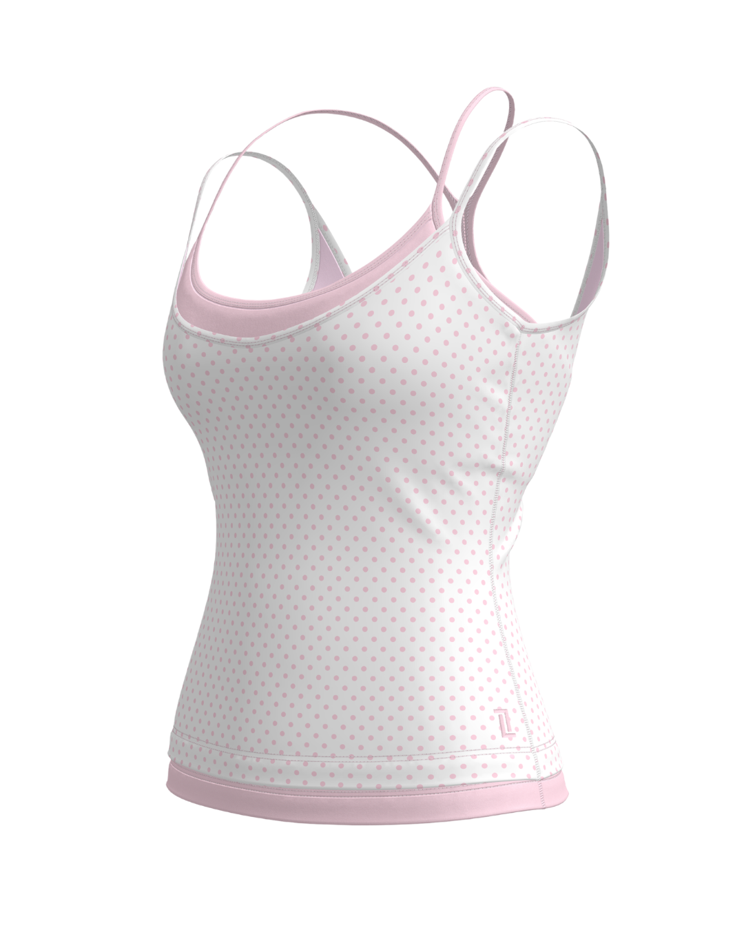 side view of SCL double layer sporty tank in polka dots & soft pink