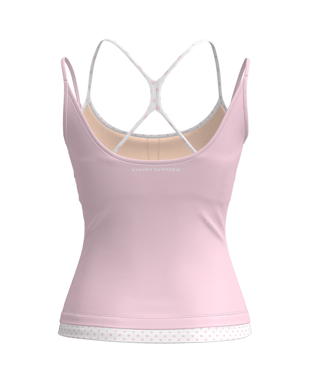 back view of SCL double layer sporty tank in soft pink & polka dots