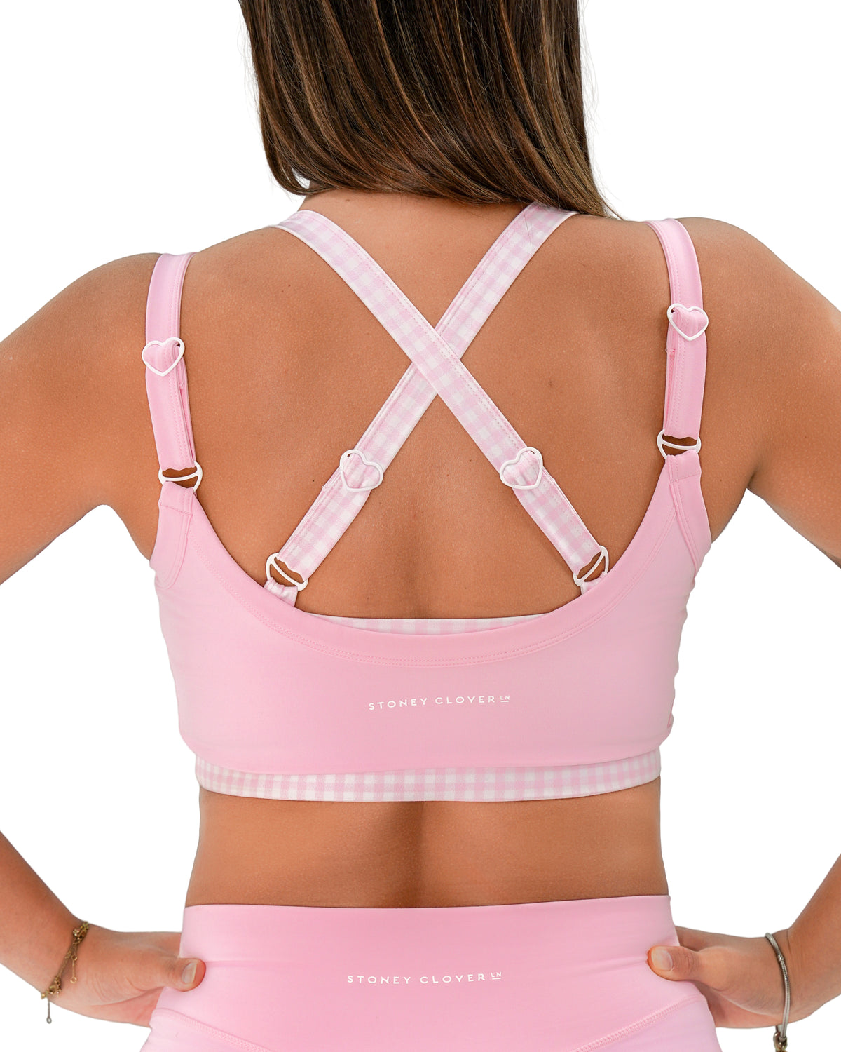 back view of SCL full scoop double layer bra in soft pink & gingham