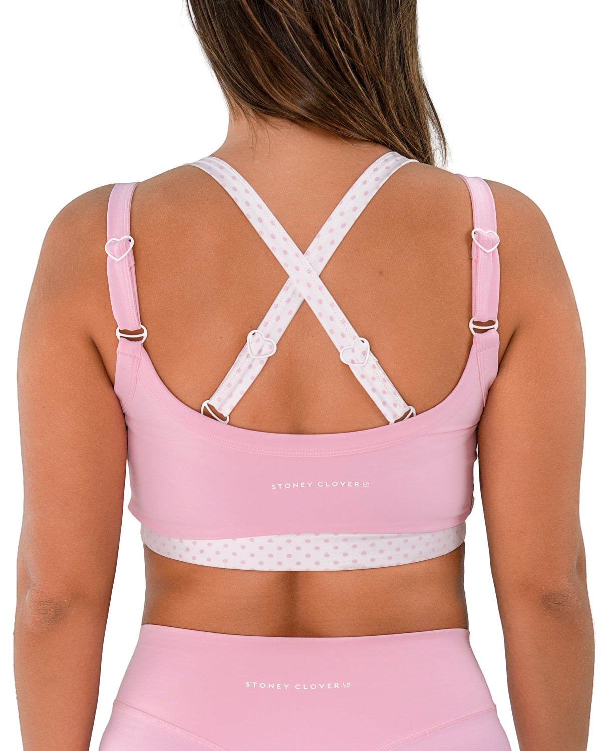 back view of SCL full scoop double layer bra in soft pink & polka dots