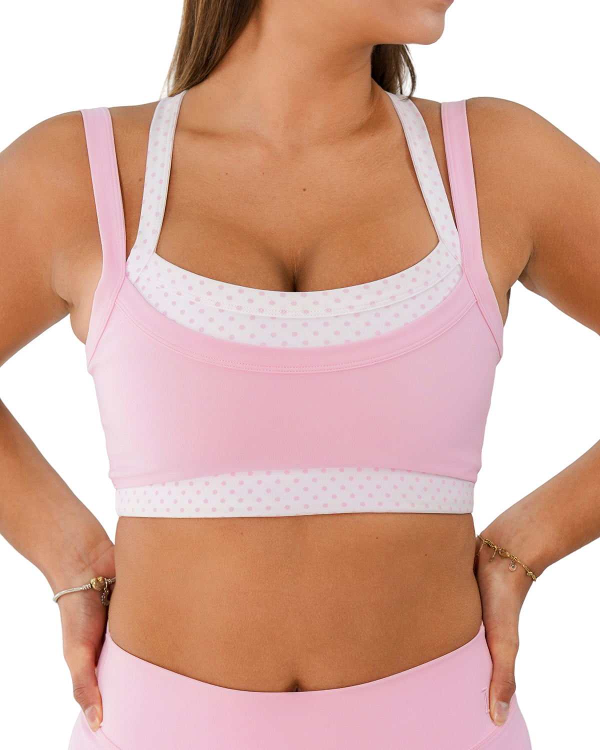 front view of SCL full scoop double layer bra in soft pink & polka dots