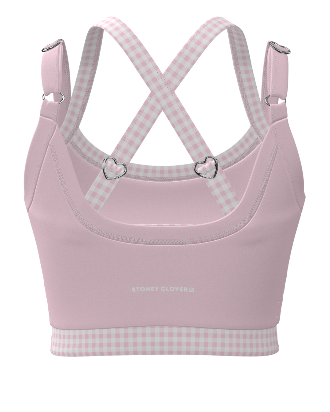 back view of SCL full scoop double layer bra in soft pink & gingham
