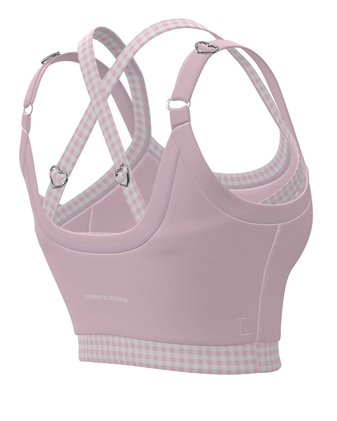 side view of SCL full scoop double layer bra in soft pink & gingham