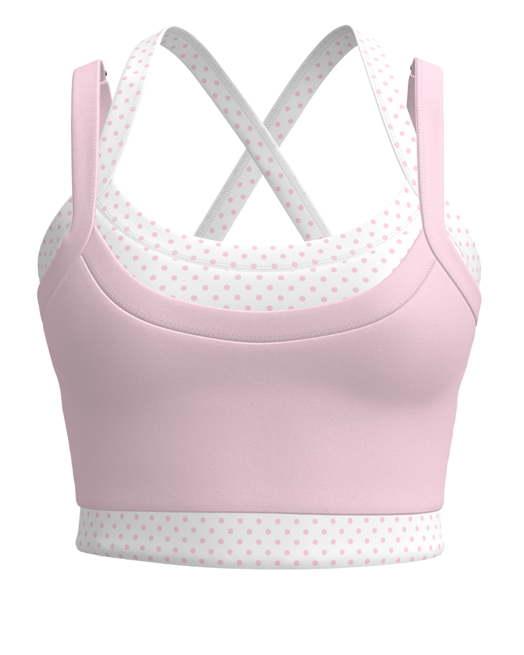 front view of SCL full scoop double layer bra in soft pink & polka dots
