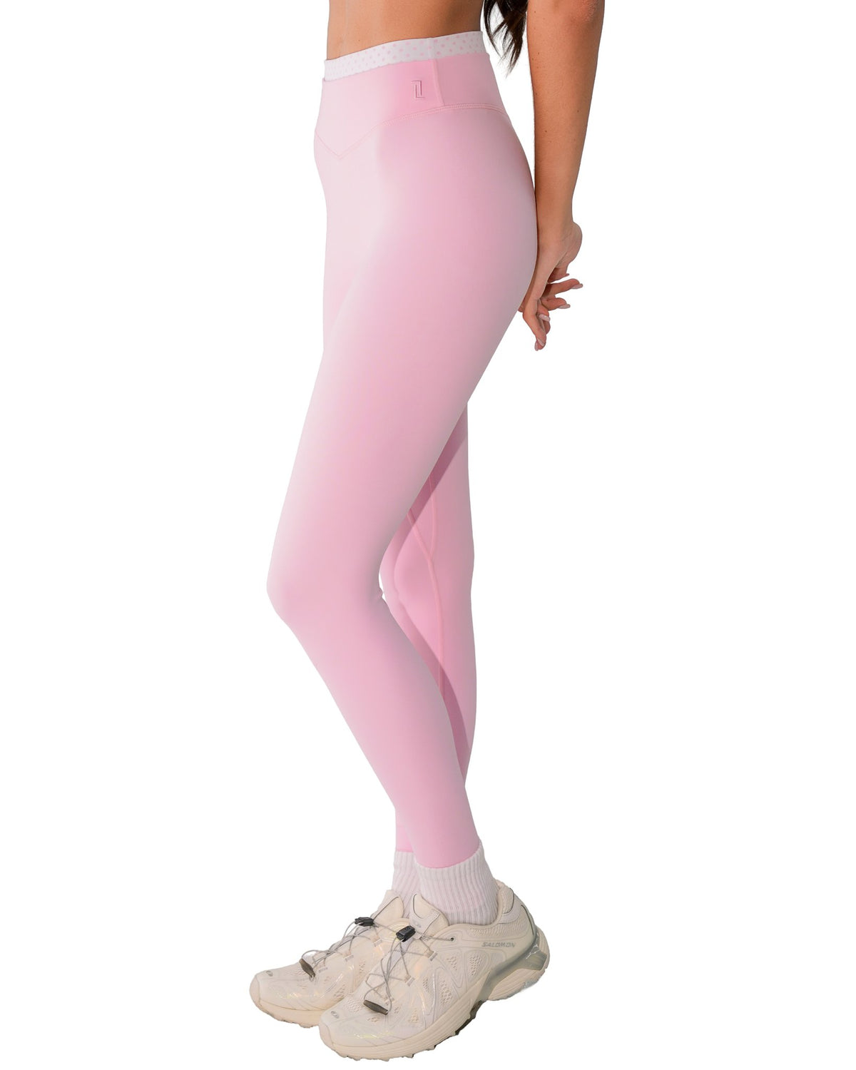 side view of SCL layered sculpt pant in soft pink & polka dots 